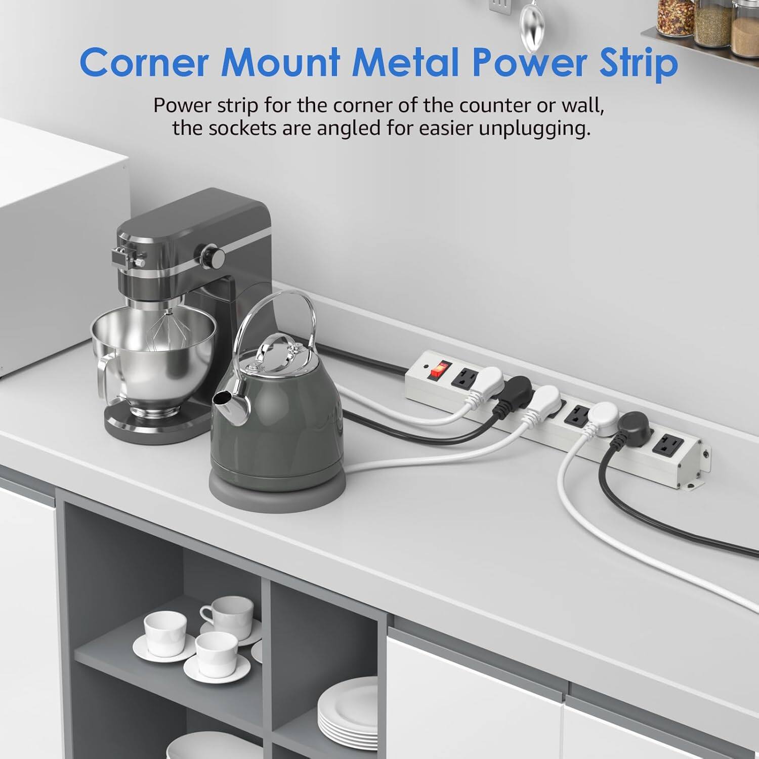 Corner Mount Metal Power Strip

Power strip for the corner of the counter or wall, the sockets are angled for easier unplugging.