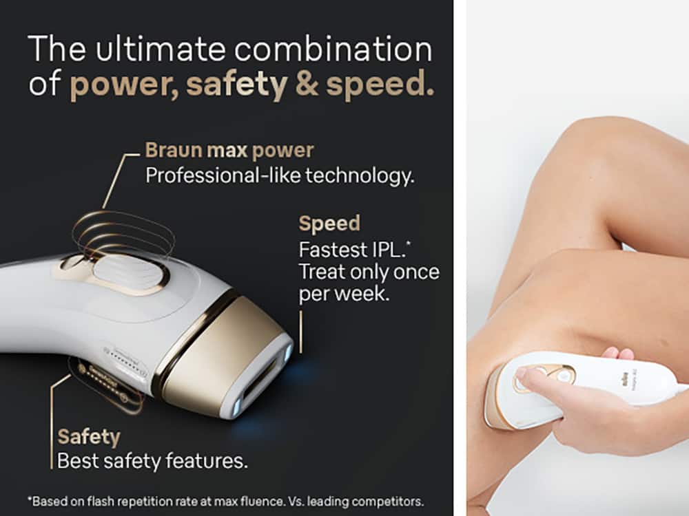 The ultimate combination of power, safety, and speed. Braun max power professional-like technology. Speed: Fastest IPL. Treat only once per week. Safety: Best safety features. *Based on flash repetition rate at max fluence. Vs. leading competitors.