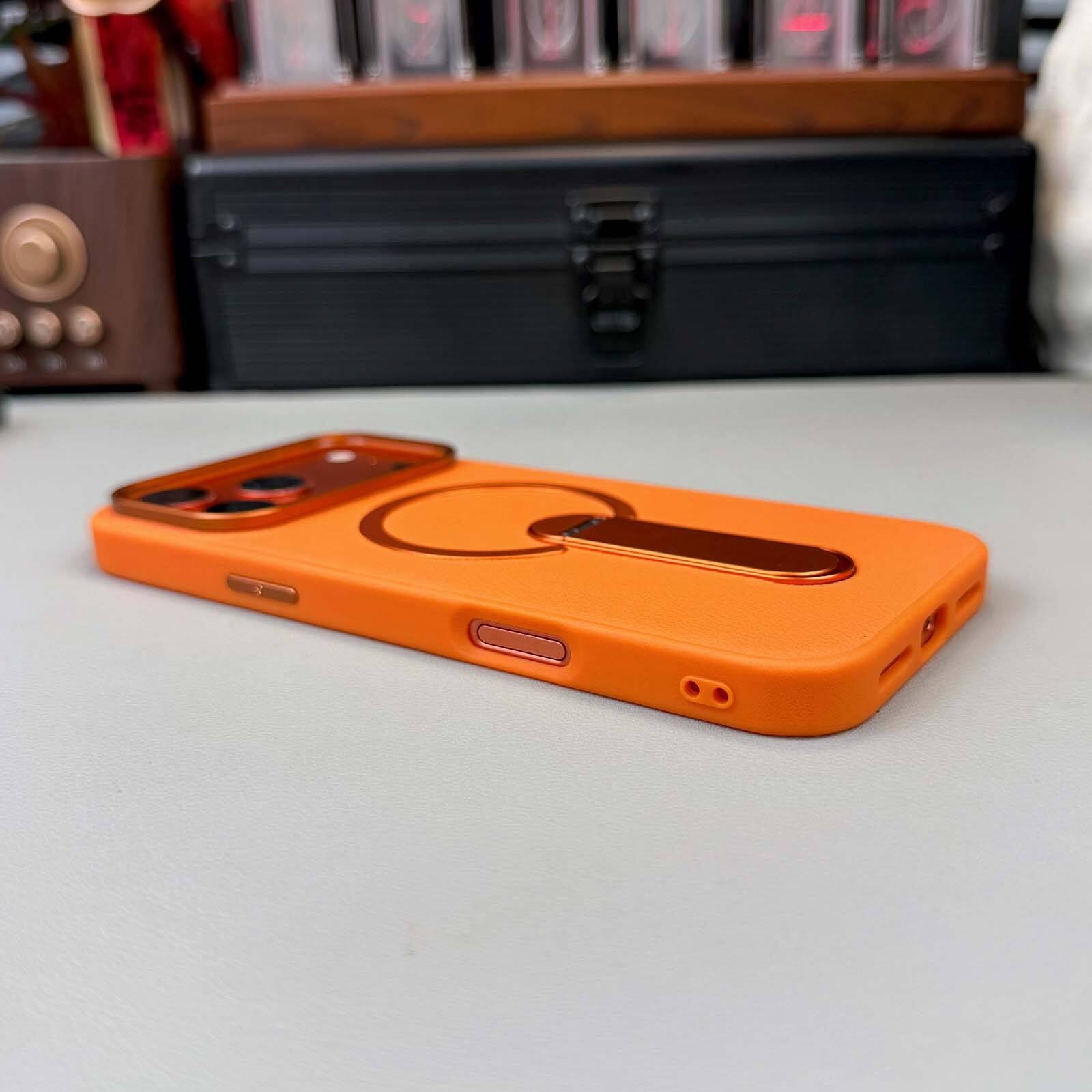 Back. Dteck - Rugged Magnetic Case for Apple iPhone 17 Pro Max with Integrated Stand, Slim Shockproof Dual Layer Protective Cover - Orange.
