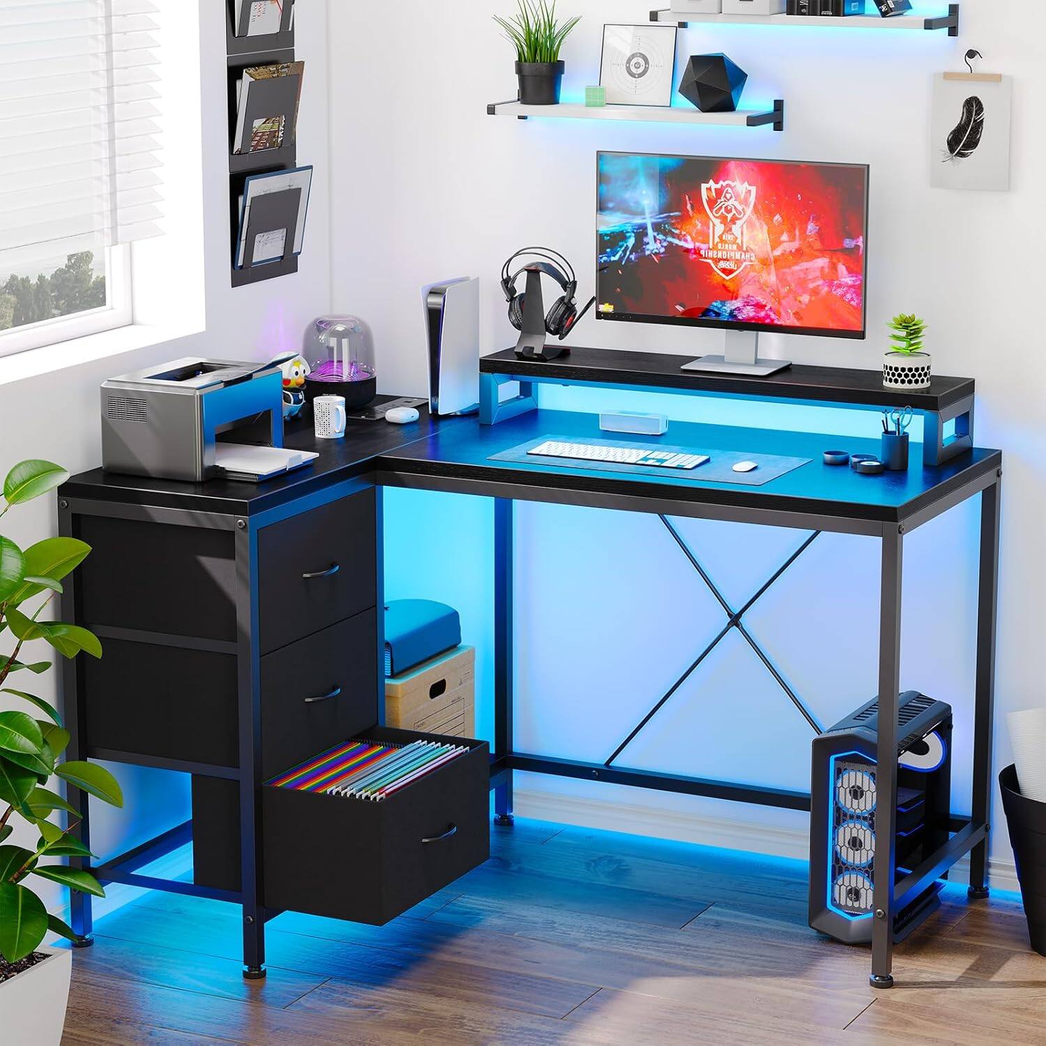 Alt View 2. GARVEE - Large Corner Computer Desk with Drawers & Monitor Stand, PC Table for Home Office and Bedroom,Black - black.