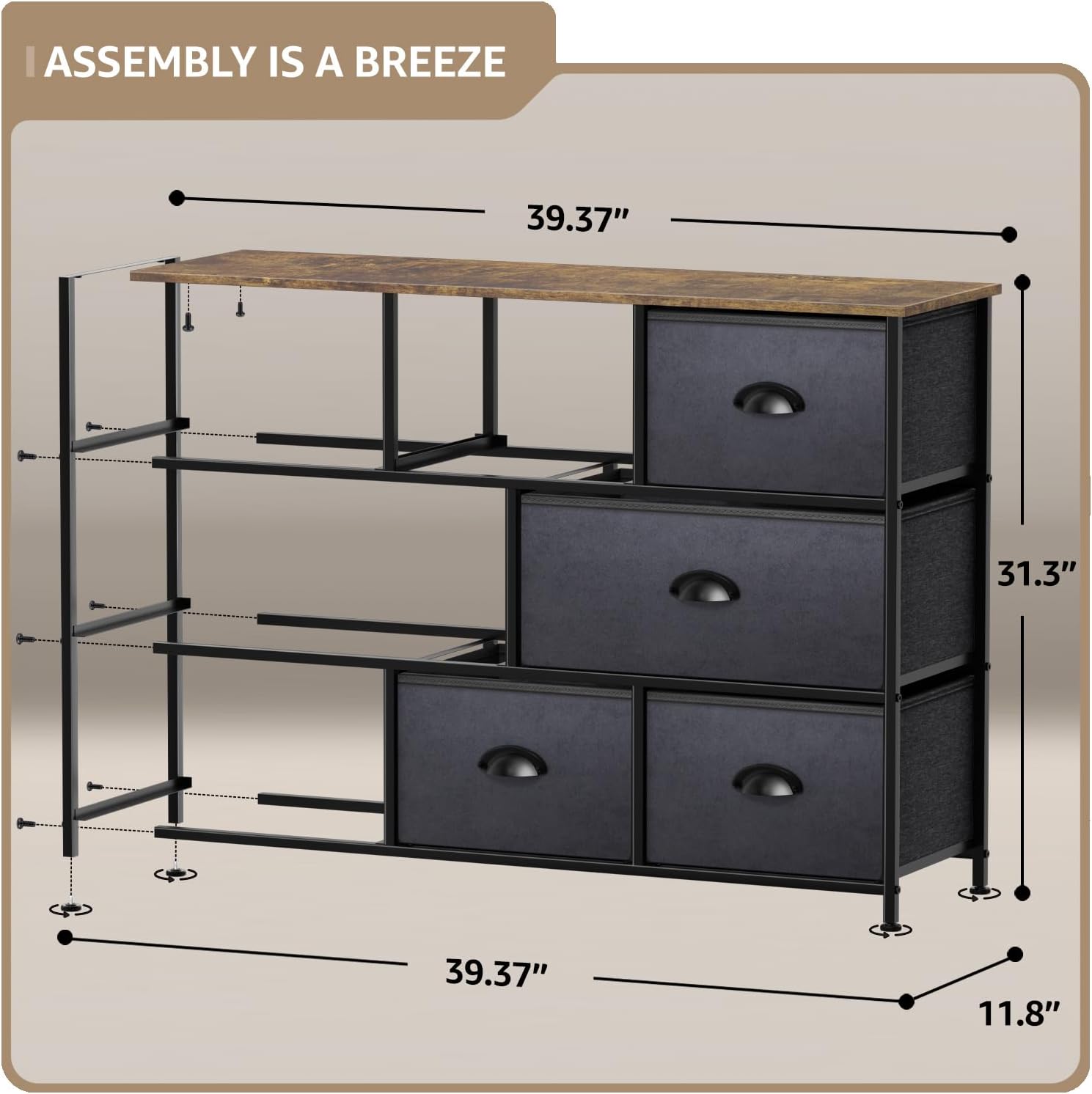 ASSEMBLY IS A BREEZE

39.37"  
31.3"  
39.37"  
11.8"