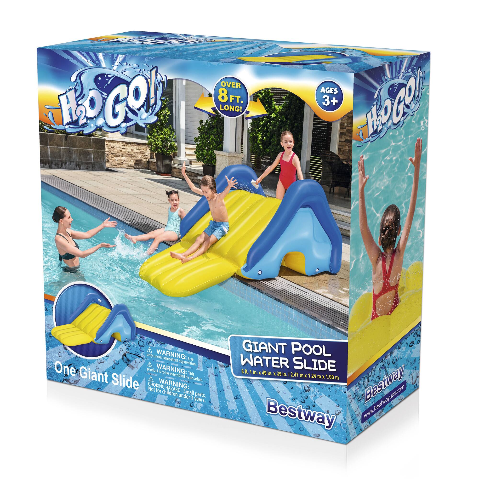**Logo!**  
**Over 8 ft. Long!**  
**Ages 3+**  

**Warning:**  
- Requires adult supervision.  
- This product is a giant slide.  
- Choking hazard: Small parts. Not for children under 3 years.  

**One Giant Slide**  

**Giant Pool Water Slide**  
**8 ft. 1 in. x 49 in. x 39 in. (2.47 m x 1.24 m x 1.00 m)**  

**Bestway**  
**www.bestwayusa.com**