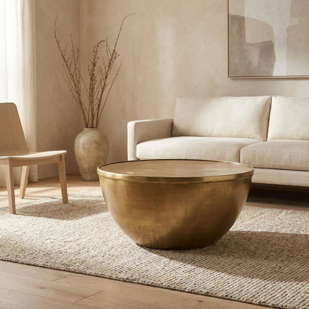 Left. FurniFact - Premium Metal Coffee Table in Brass Finish with Modern Design - Brown.
