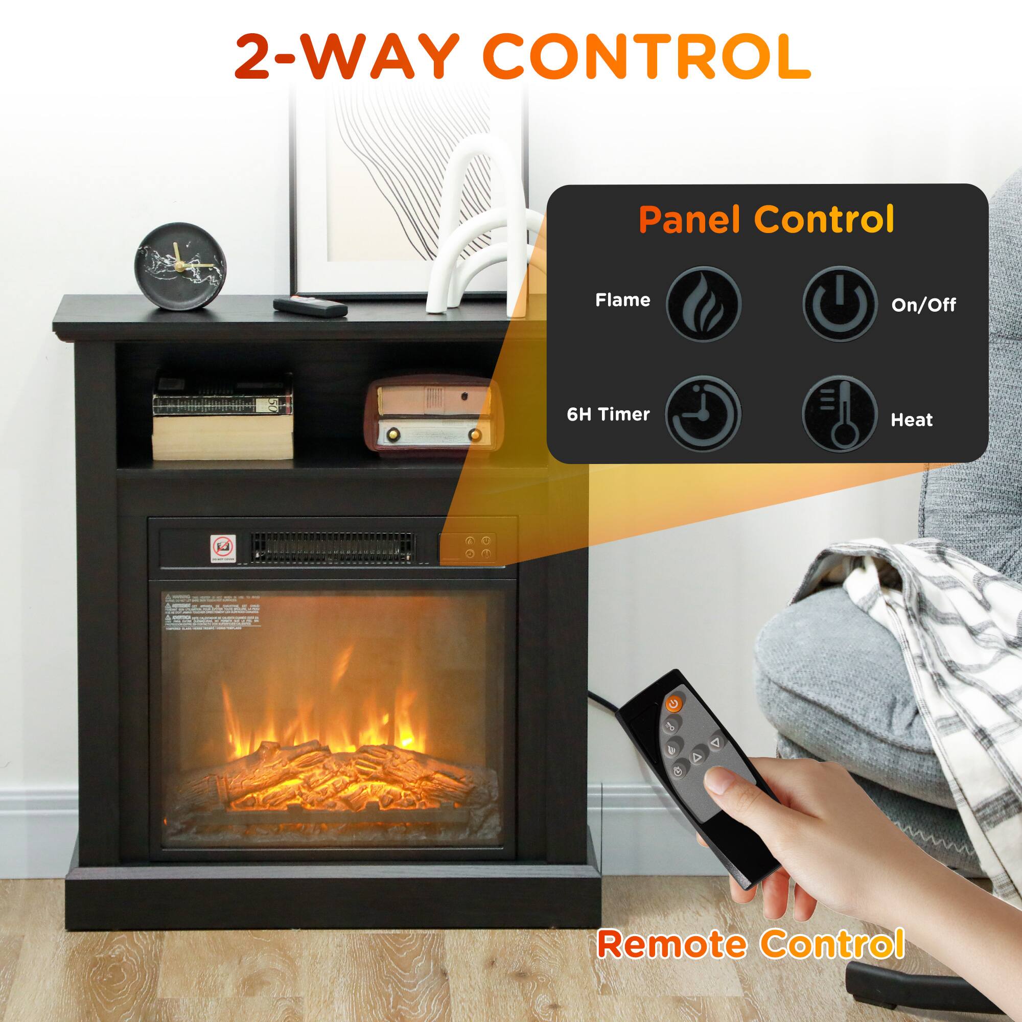 2-WAY CONTROL

Panel Control
- Flame
- On/Off
- 6H Timer
- Heat

Remote Control