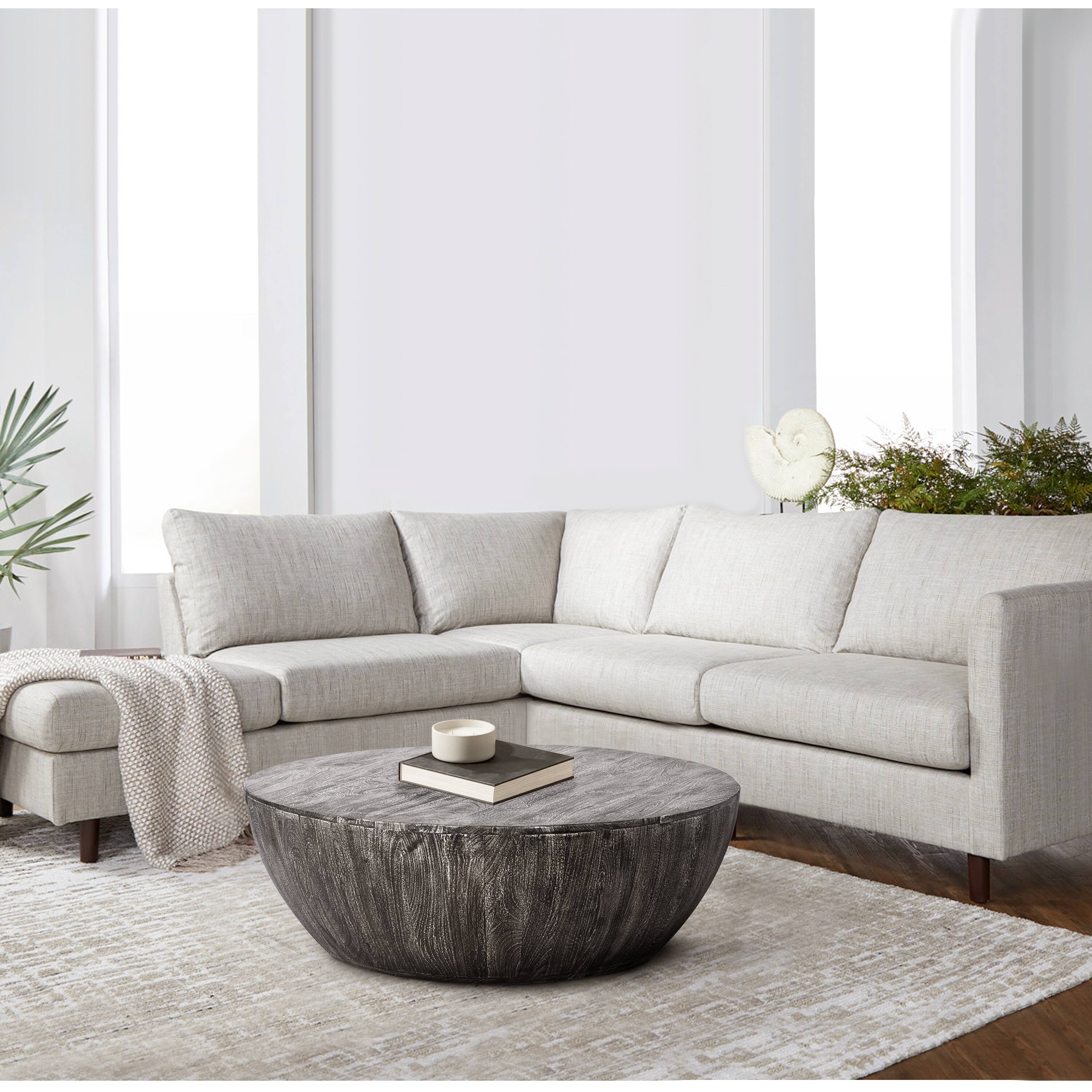 Alt View 9. Manhattan Lane - Arthur 36 Inch Farmhouse Style Handcrafted Mango Wood Coffee Table, Round Drum Shape - Sandblasted Black.