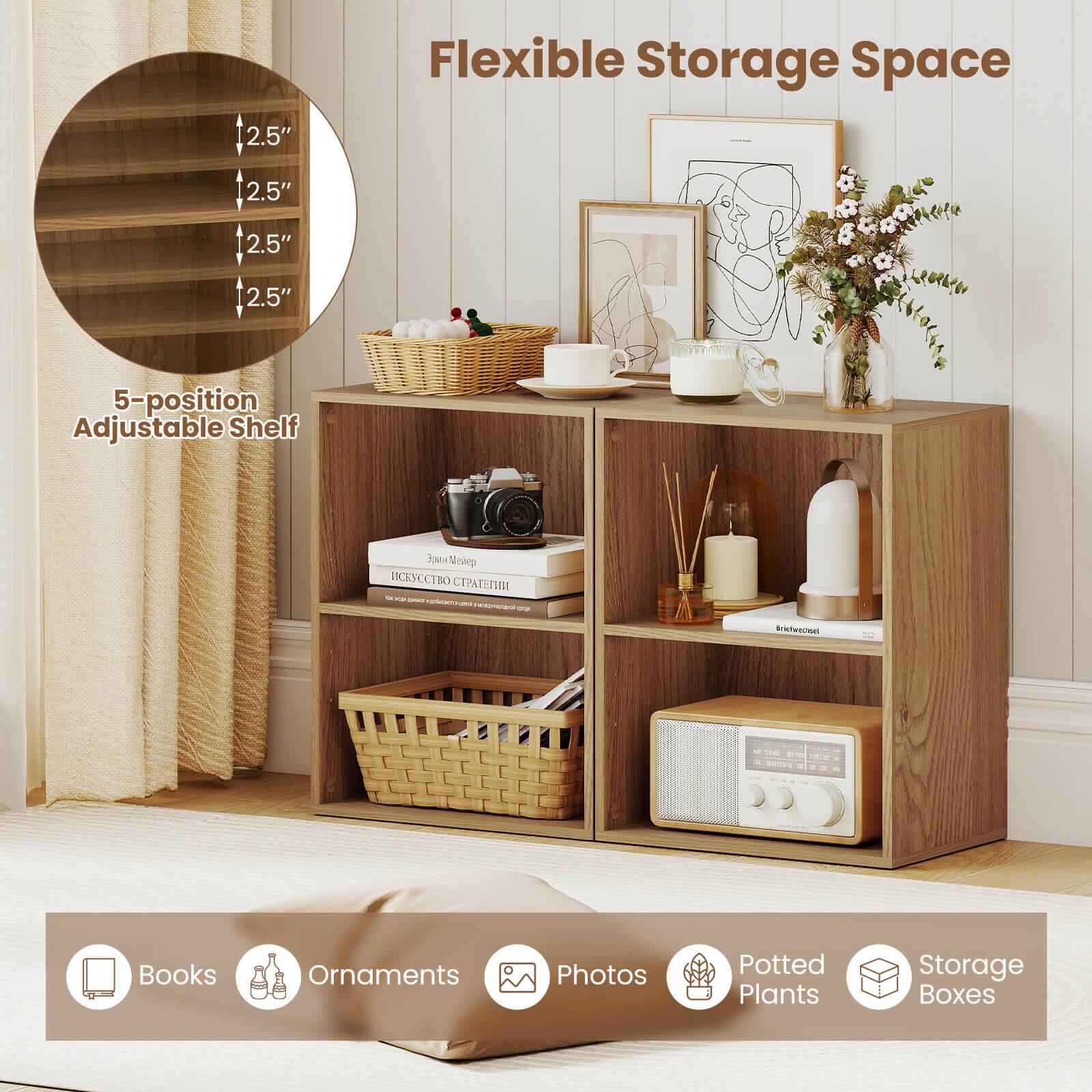2.5" Flexible Storage Space  
2.5" 2.5" 2.5" 2.5"  
5-position Adjustable Shelf  

FCCTBO  
- - - -  
Books Ornaments Photos Potted Plants Storage Boxes