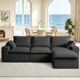 Dyonery - 107'' Couch Corduroy Sectional Couches, L-Shape Chaise, Deep Seat Upholstered, No Assembly Required, Black - Black