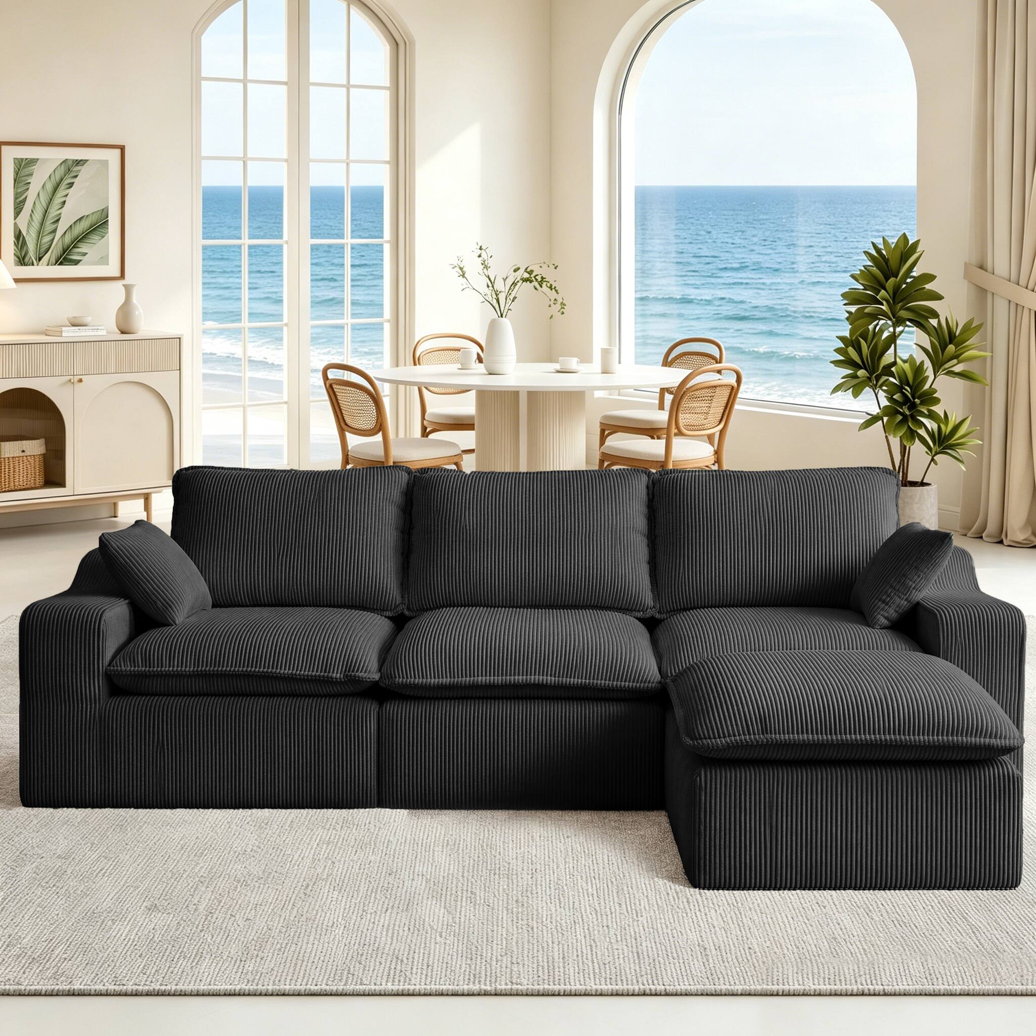 Dyonery - 107'' Couch Corduroy Sectional Couches,  L-Shape Chaise, Deep Seat Upholstered, No Assembly Required, Black - Black