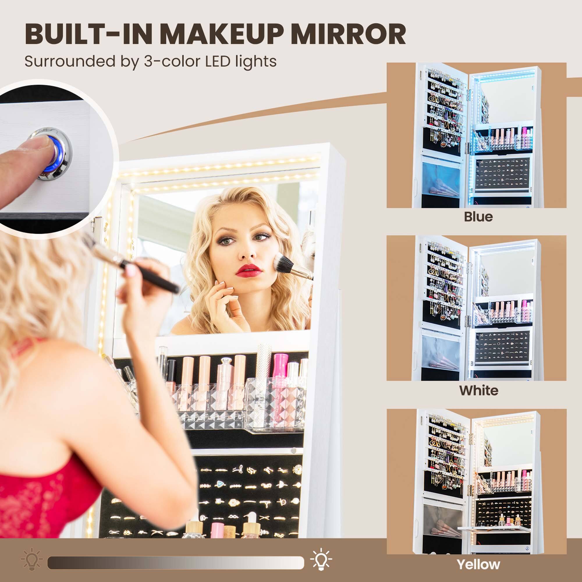 Built-in makeup mirror surrounded by 3-color LED lights: Blue, White, Yellow.