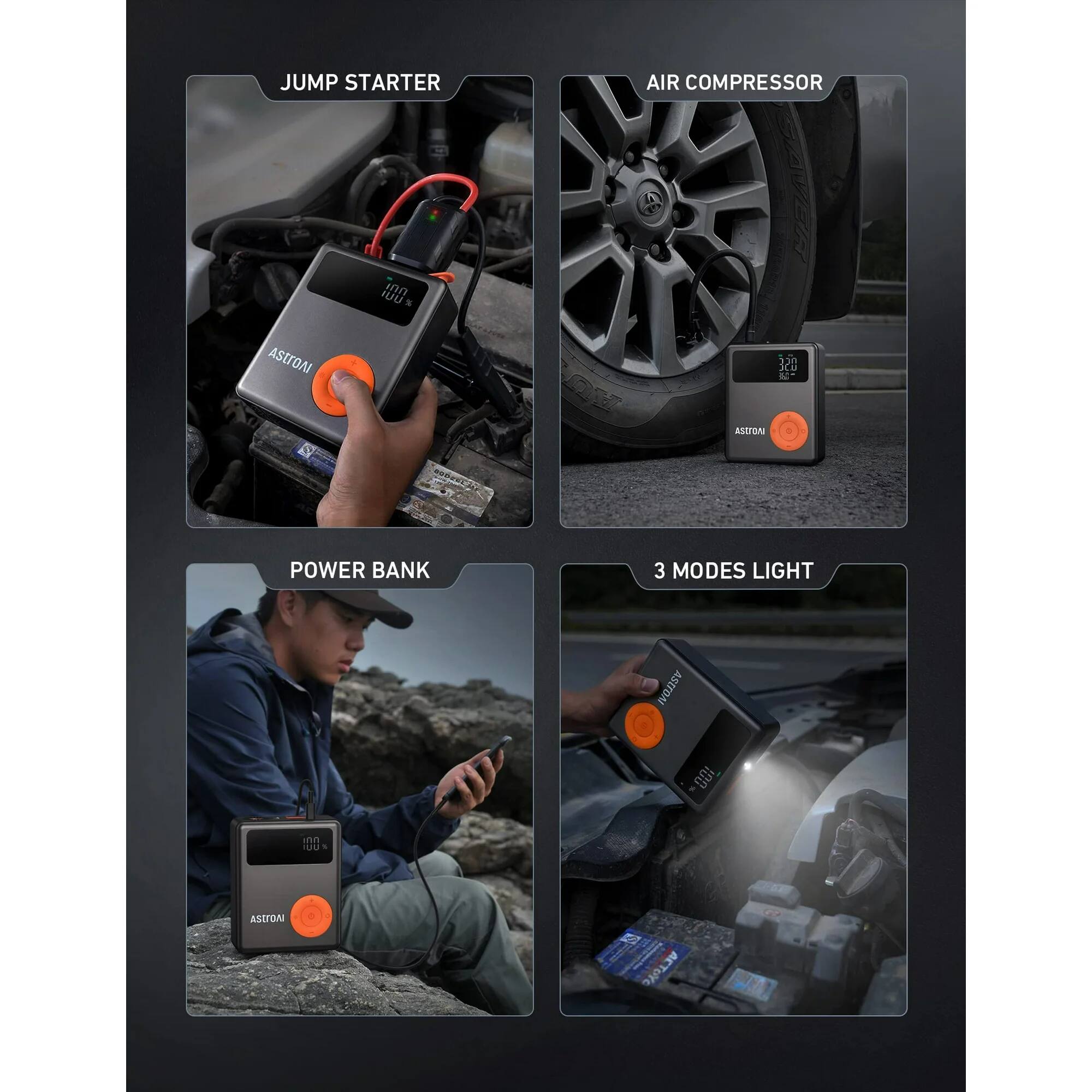 JUMP STARTER  
AIR COMPRESSOR  
POWER BANK  
3 MODES LIGHT  

ASTONI