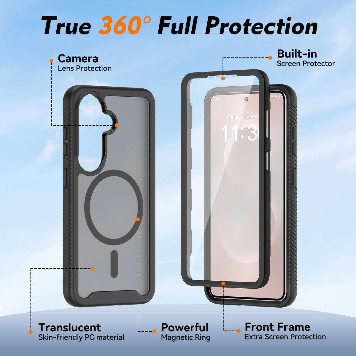 True 360° Full Protection

- Camera Lens Protection
- Built-in Screen Protector
- Translucent Skin-friendly PC material
- Powerful Magnetic Ring
- Front Frame Extra Screen Protection