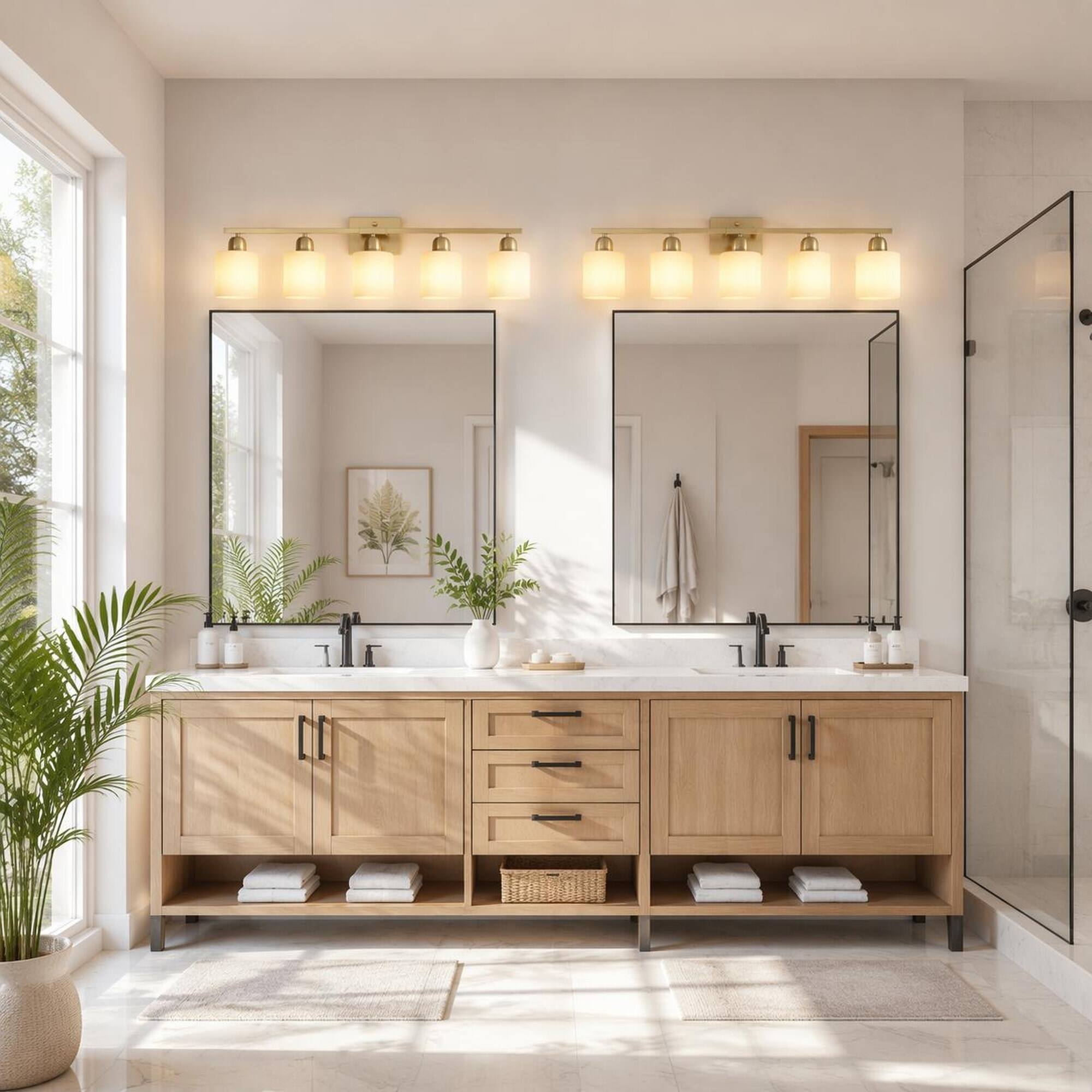 Back. RYHNUYNE - Gold 5‑Light Bathroom Vanity Light,Modern Wall Sconce with Milky White Frosted Glass Shades - Coppery.