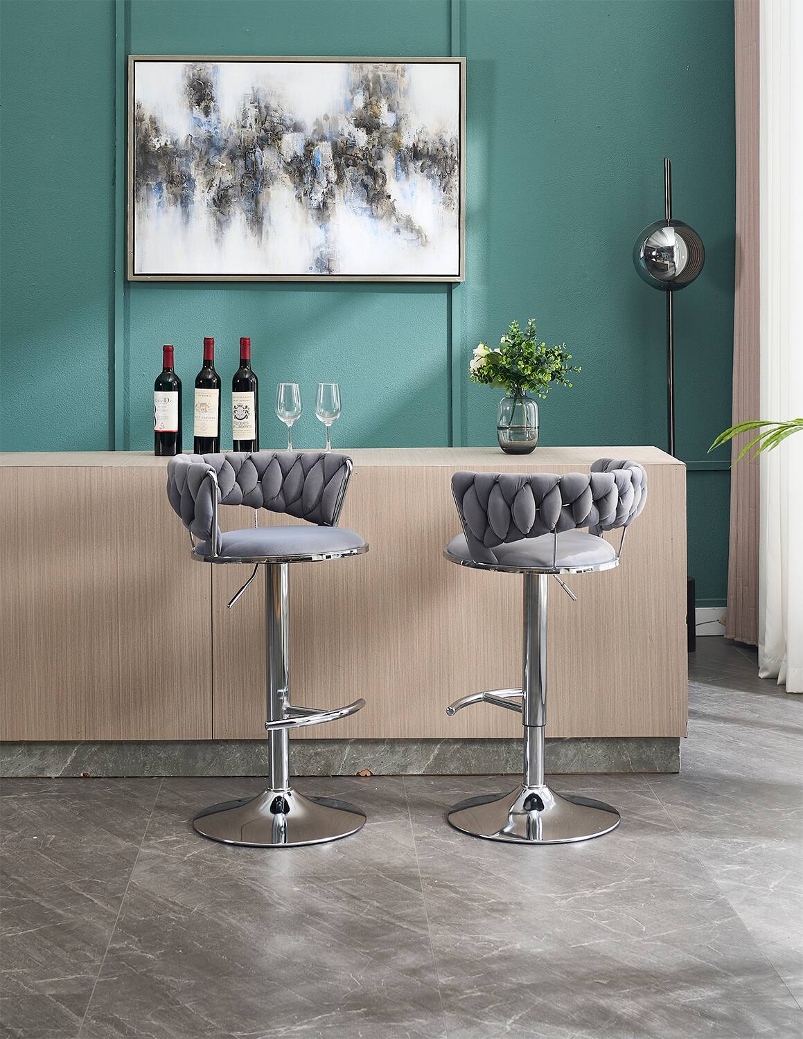 Angle. APRILSOUL - Set of 2 Bar Stools Chrome Footrest Base Swivel Height Adjustable Velvet Chrome Leg GREY - White.