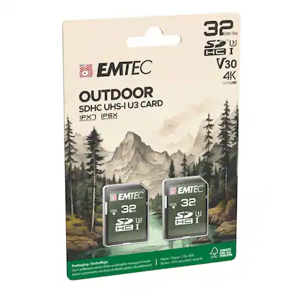 EMTEC OUTDOOR UHS-I U3 CARD SDHC IPX7 IP6X 32 GB/Go - S2 V30 4K ULTRAHD EMTEC LOCK 32 on SD HC I EMTEC LOCK 32 3 Sp 3 HA I FSC MIX Paper / Papier J recycle Emballage managed forests Blister 50% recycled Packaging sustainably comes from gnes durablement Our cardboard issue de fonts cartonnette est Notre FORESTS FOR ALL FSC FOREVER