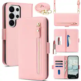 Dteck - For Samsung Galaxy S26 Ultra Shockproof Leather Zipper Flip Wallet Case With Mirror and Crossbody Strap - Pink