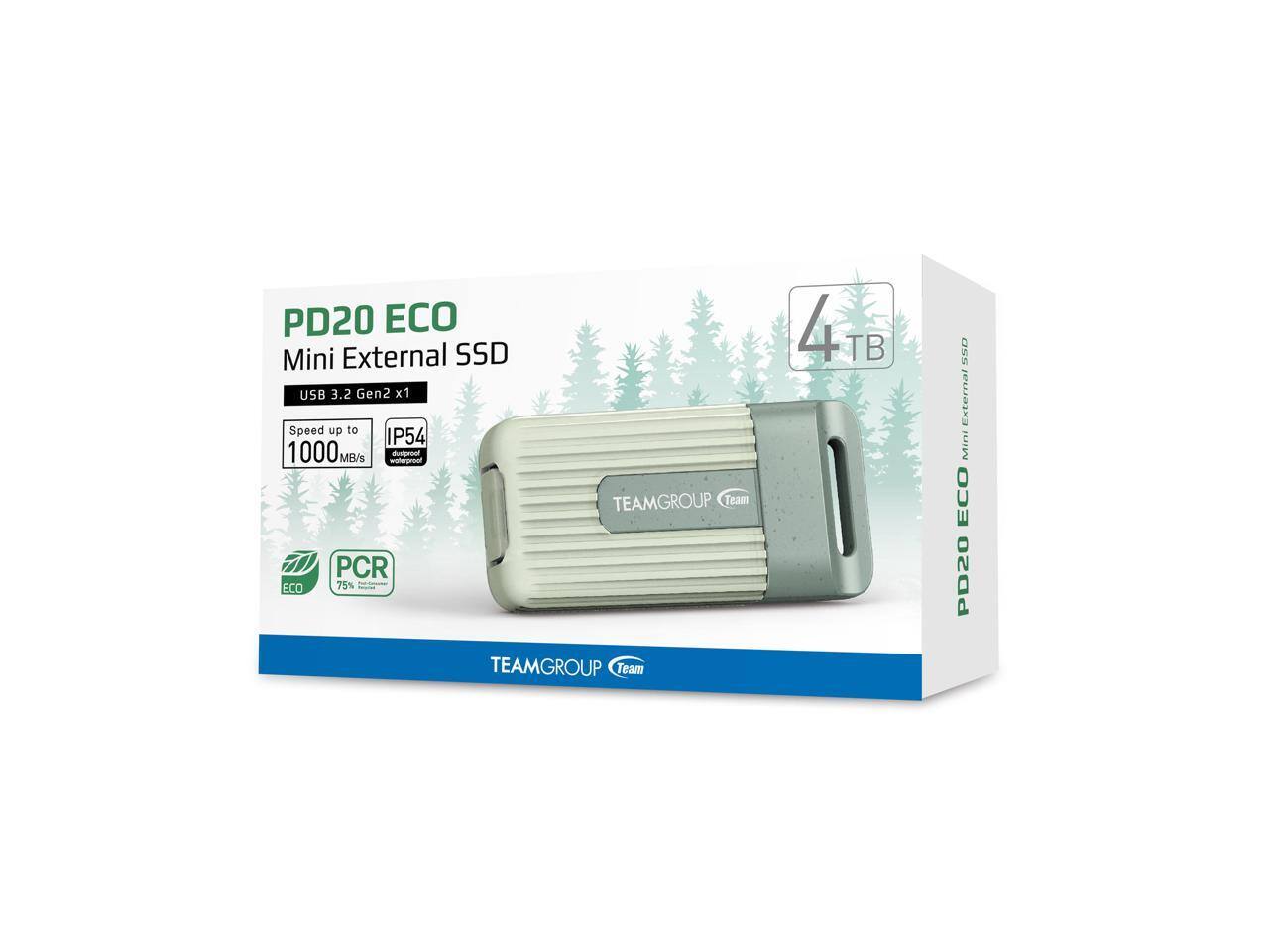 PD20 ECO Mini External SSD  
USB 3.2 Gen2 x1  
Speed up to 1000 MB/s  
IP54  
4 TB  
TEAMGROUP Team  
PCR 75%  
PD20 ECO Mini External SSD