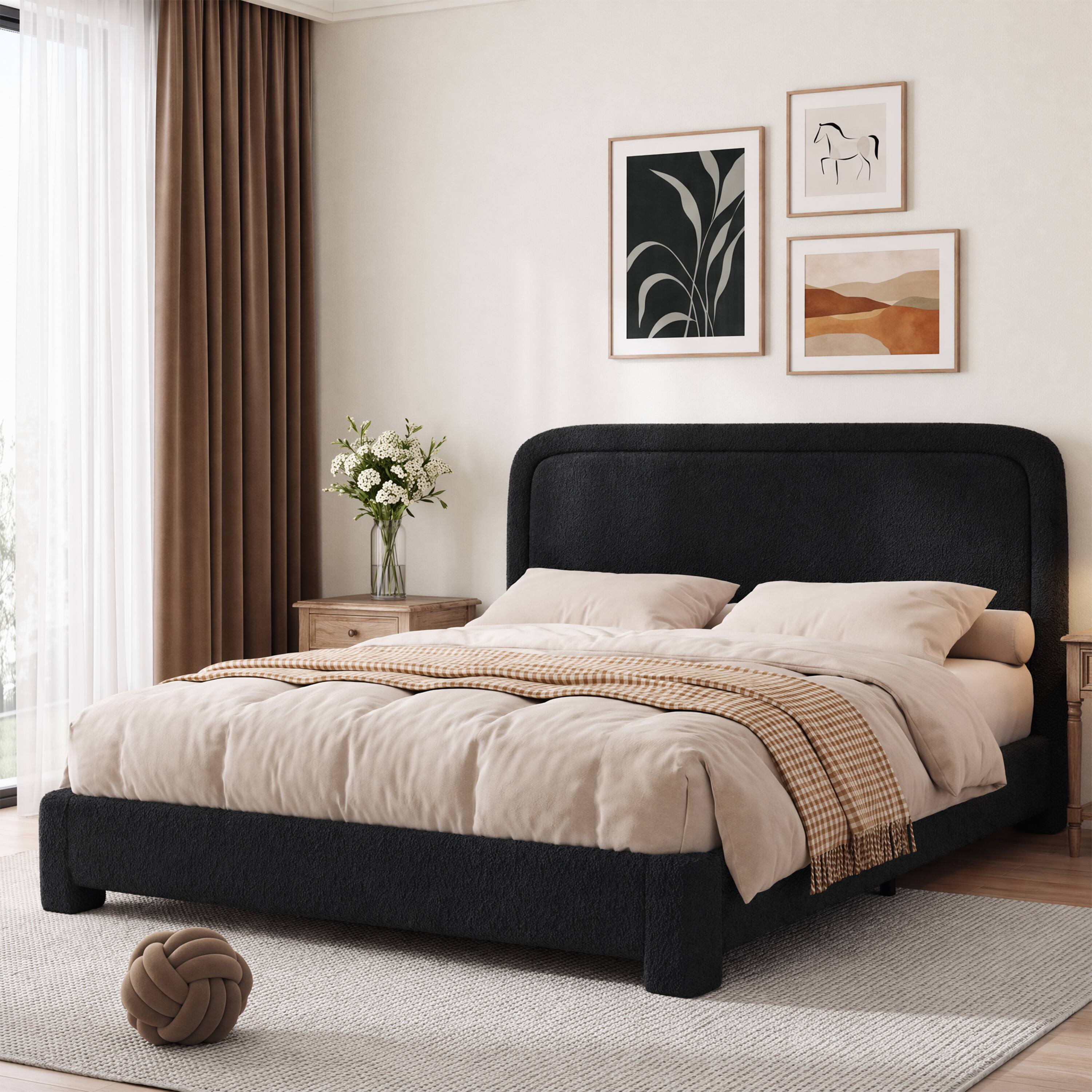 Alt View 6. Vipbear - F/Q/K Upholstered Bed Frame with Adjustable Headboard, Curved Sherpa Platform Bed Frame, No Box Spring Required - Black.