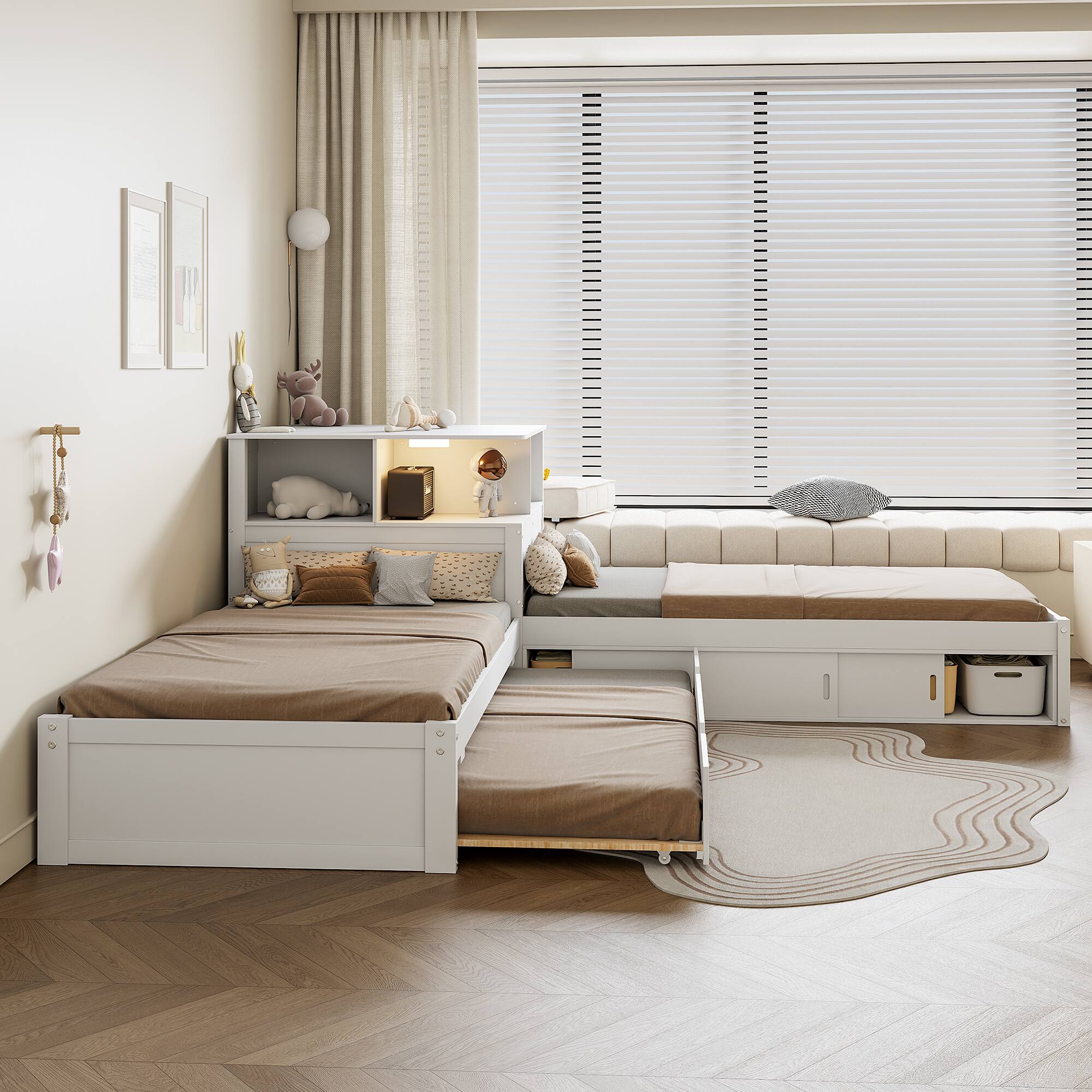 Angle. Whisen - L-Shaped Twin Platform Bed with Trundle, Built-in Desk, Storage Cabinets & LED Lights, Wood Frame - White.