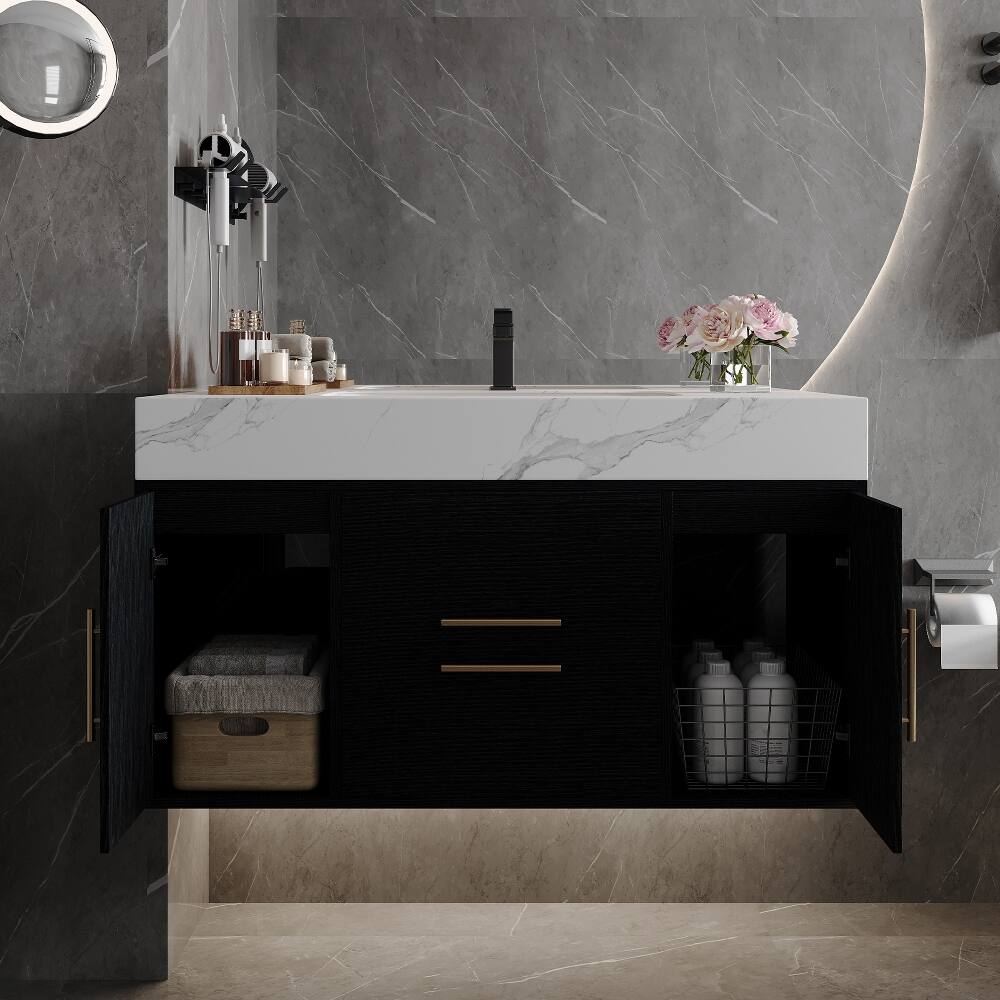 Angle. Loheer - Loheer 39.4 inch wall mounted bathroom vanity waterproof plywood cabinet with ceramic basin - Black, White.