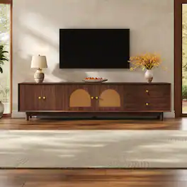 MERAVOM - Rattan TV Stand for 85 Inch TVs, Entertainment Center with Storage Cabinets and Drawers, Media Console for Living Room - Walnut