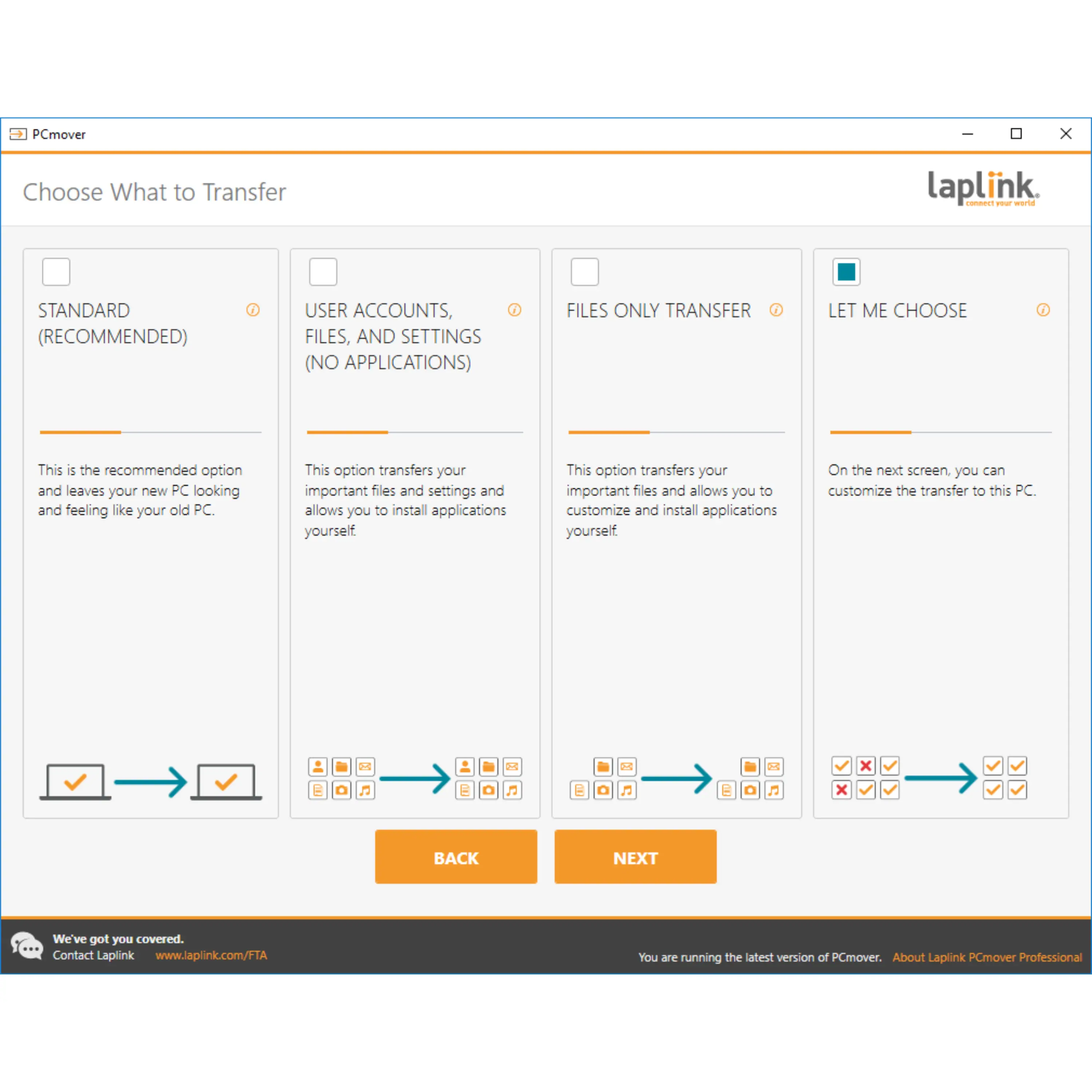 Laplink PCmover Professional is a software tool that helps users transfer files, settings, and applications from one computer to another. The image shows a user interface with a "Choose What to Transfer" window, which allows the user to select the type of transfer they want to perform. The options include standard (recommended), files only, and let me choose. The user can select the appropriate option based on their needs and preferences. The software is designed to make the transfer process easy and efficient, ensuring that the new computer looks and feels like the old one.