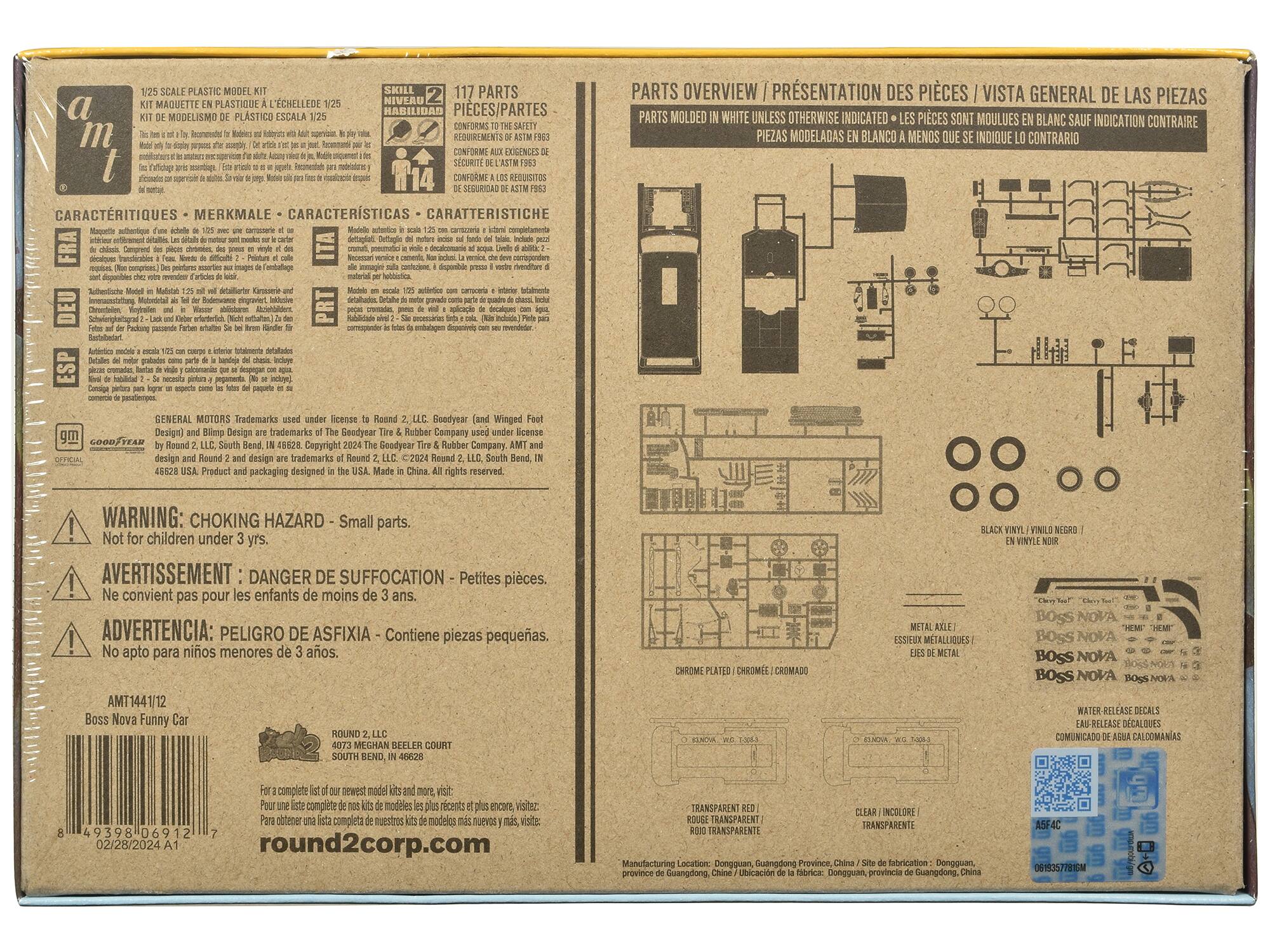 **Front Side:**

- **Title:** 1/25 Scale Plastic Model Kit
- **Subtitle:** Kit de Modelismo de Plástico Escala 1/25
- **Description:** This is the recommended model and assembly instructions. Please read carefully before starting. Model for display only. Not a toy. Not suitable for children under 3 years. Not a toy. Not suitable for children under 3 years. Not a toy. Not suitable for children under 3 years. Not a toy. Not suitable for children under 3 years. Not a toy. Not suitable for children under 3 years. Not a toy. Not suitable for children under 3 years. Not a toy. Not suitable for children under 3 years. Not a toy. Not suitable for children under 3 years. Not a toy. Not suitable for children under 3 years. Not a toy. Not suitable for children under 3 years. Not a toy. Not suitable for children under 3 years. Not a toy. Not suitable for children under 3 years. Not a toy. Not suitable for children under 3 years. Not a toy. Not suitable for children under 3 years. Not a toy. Not suitable for children under 3
