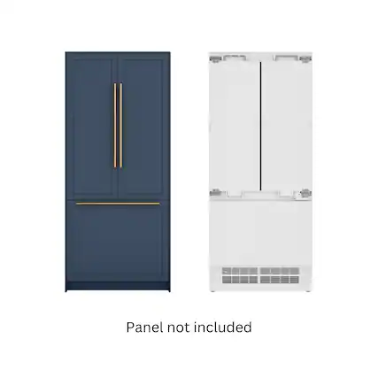 The image shows a blue cabinet and a white refrigerator, with a text that reads "Panel not included." This suggests that the cabinet and refrigerator are being displayed without a panel, which is typically used to cover the gap between the cabinet and the refrigerator. The text indicates that the panel is not included in the display, and it might be an optional accessory for the buyer to purchase separately.