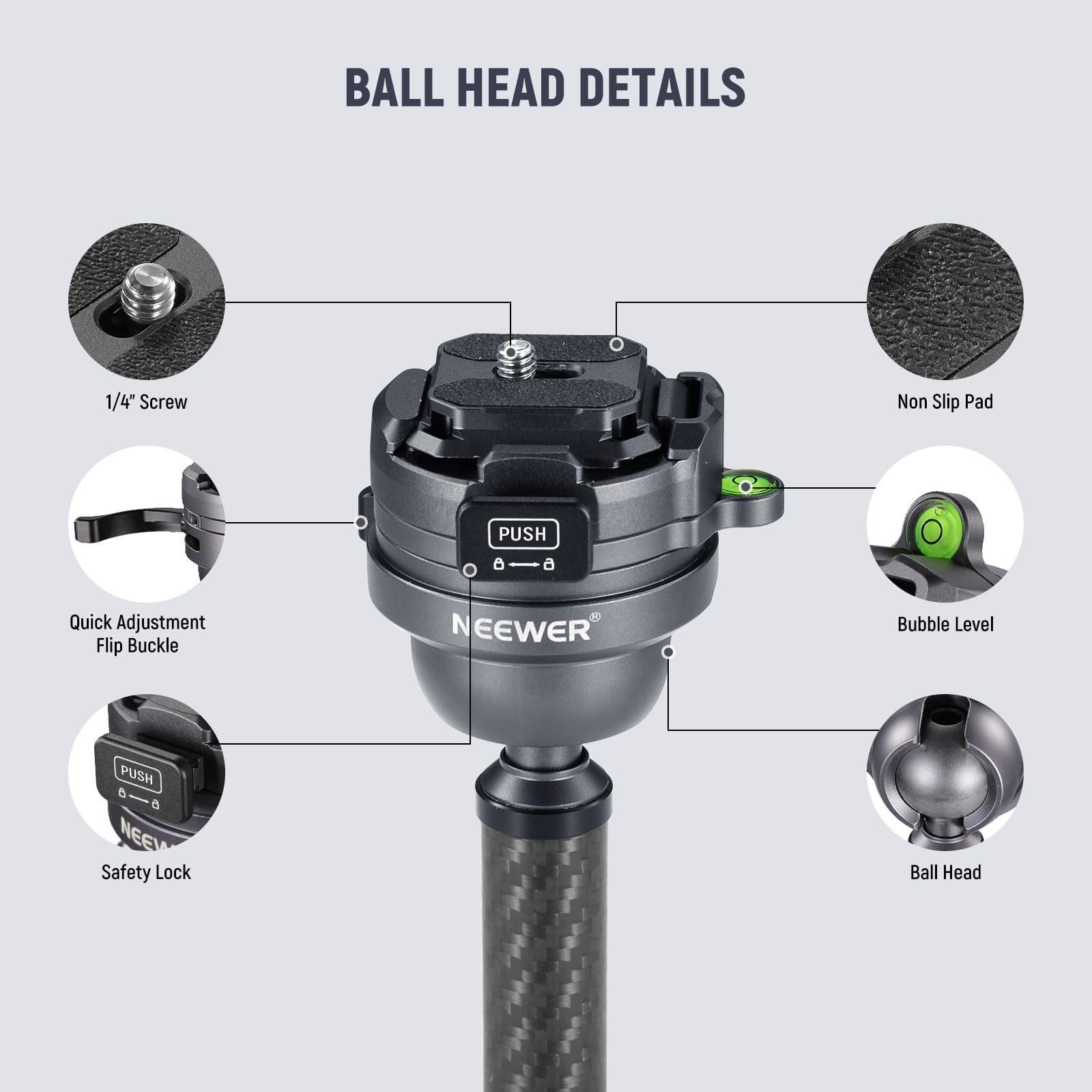 BALL HEAD DETAILS

- 1/4" Screw
- Non Slip Pad
- Quick Adjustment Flip Buckle
- Bubble Level
- Safety Lock
- Ball Head