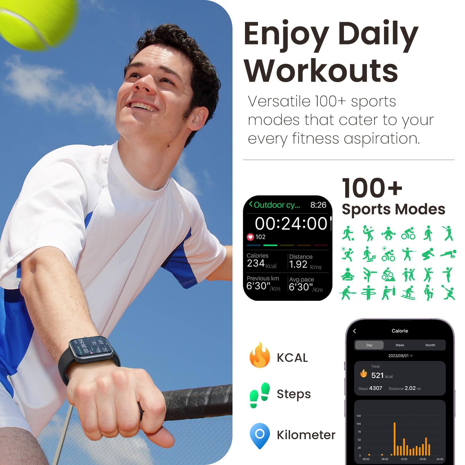 Enjoy Daily Workouts  
Versatile 100+ sports modes that cater to your every fitness aspiration.  

100+ Sports Modes  
00:24:00  
102 Calories  
234 Kcal  
Distance 1.92 Kms  
Previous km Avg pace 6'30" /Km  

KCAL  
Steps  
Kilometer  

Calorie  
Day Week Month  
2023/0/0  
Total 521 kcal  
Steps 4307  
Distance 2.02