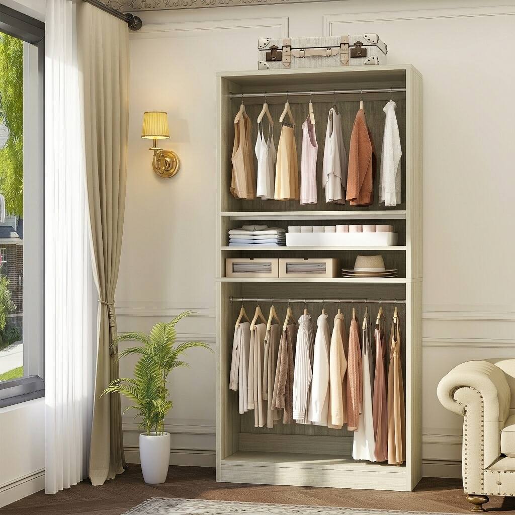 Front. Aheaplus - 36'' Upgraded Closet System, 3FT Freestanding Closet Organizer with 2 Hanging Rods and Adjustable Shelves, 600 LBS Load - Beige Oak.