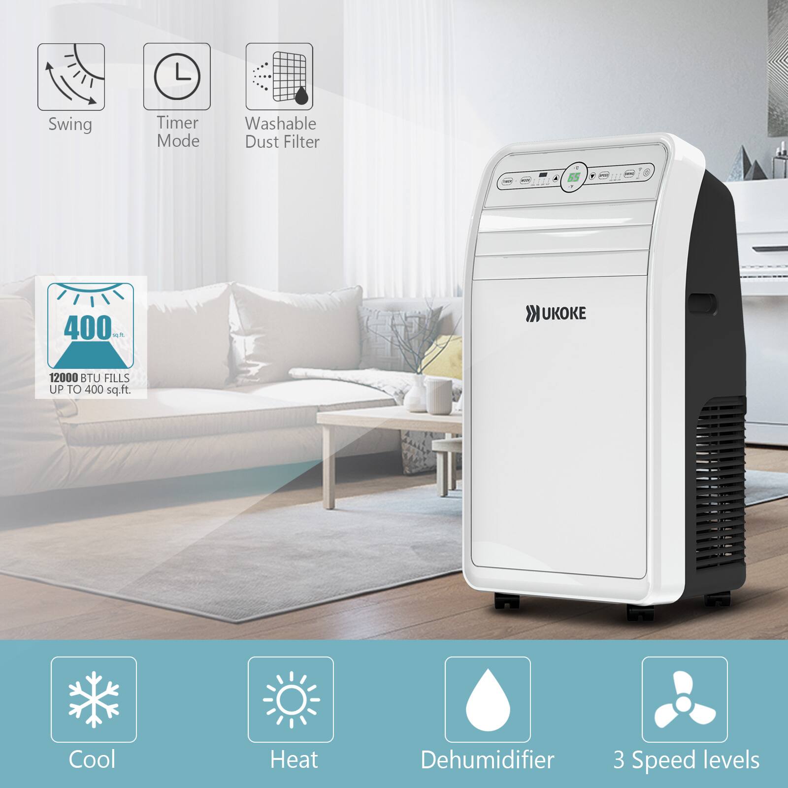 - Swing
- Timer Mode
- Washable Dust Filter

- 12000 BTU FILLS UP TO 400 sq.ft.

- Cool
- Heat
- Dehumidifier
- 3 Speed levels
