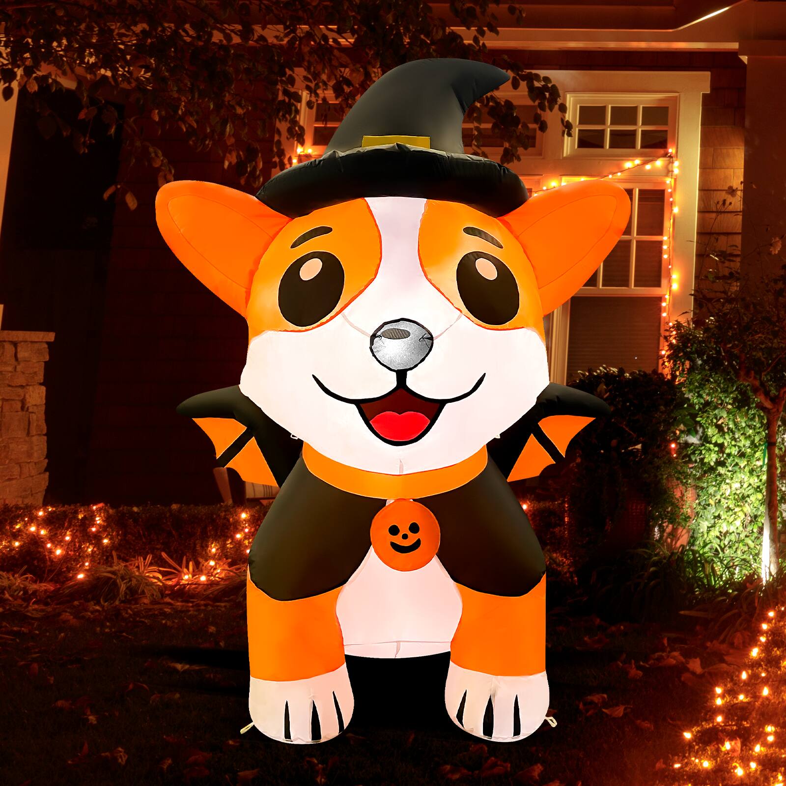 Angle. GOOSH Inflatables - GOOSH 5.2FT Inflatable Halloween Dog with Witch Hat and Cape – Light-Up Yard Decoration - Orange.