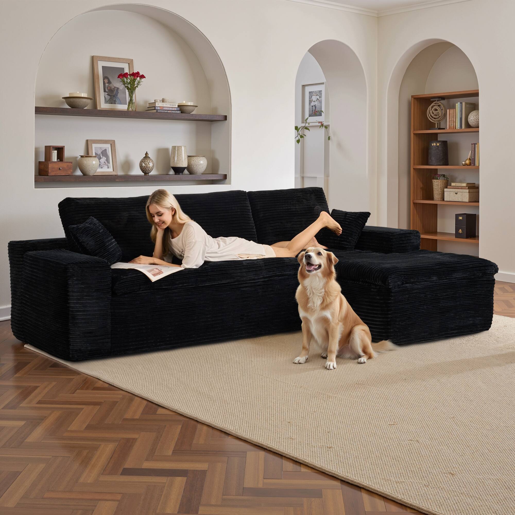 Alt View 2. Ovios - 2 Pieces Cloud Like Sectional Sofa, L-Shaped Couch with Chaise for Living Room - Black(Corduroy, Right Facing).