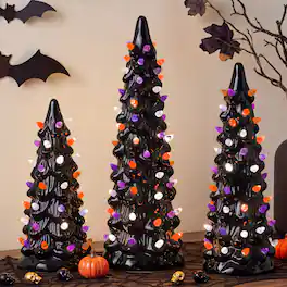 Best Choice Products - 3Pc Ceramic Halloween Trees, Pre-Lit Hand Painted Pencil Tabletop Holiday Decoration LEDs - Black w/ Orange, Purple & White Lights