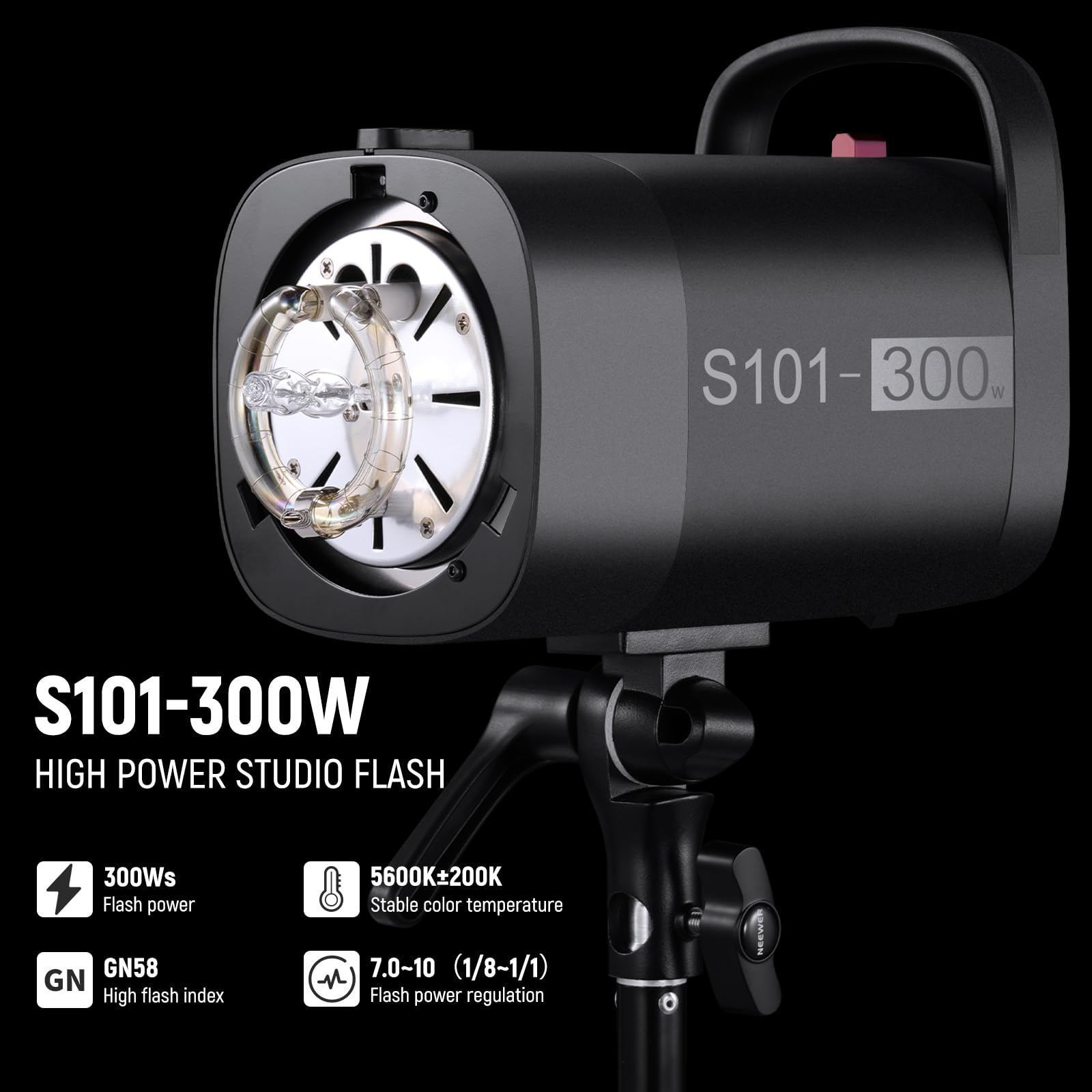 S101-300W HIGH POWER STUDIO FLASH  
300Ws Flash power  
GN58 High flash index  
5600K±200K Stable color temperature  
7.0-10 (1/8~1/1) Flash power regulation