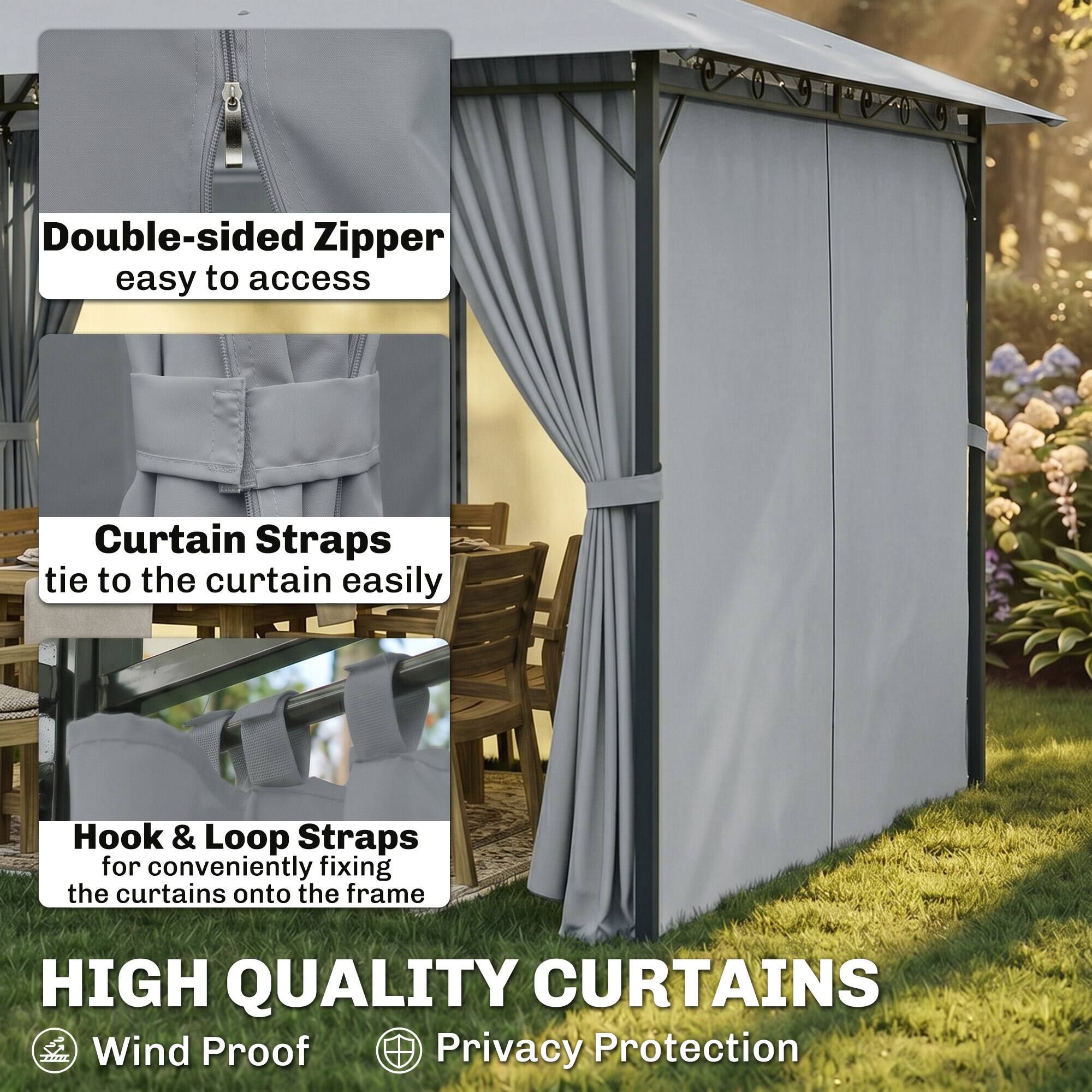 Double-sided Zipper easy to access  
Curtain Straps tie to the curtain easily  
Hook & Loop Straps for conveniently fixing the curtains onto the frame  
HIGH QUALITY CURTAINS  
Wind Proof  
Privacy Protection