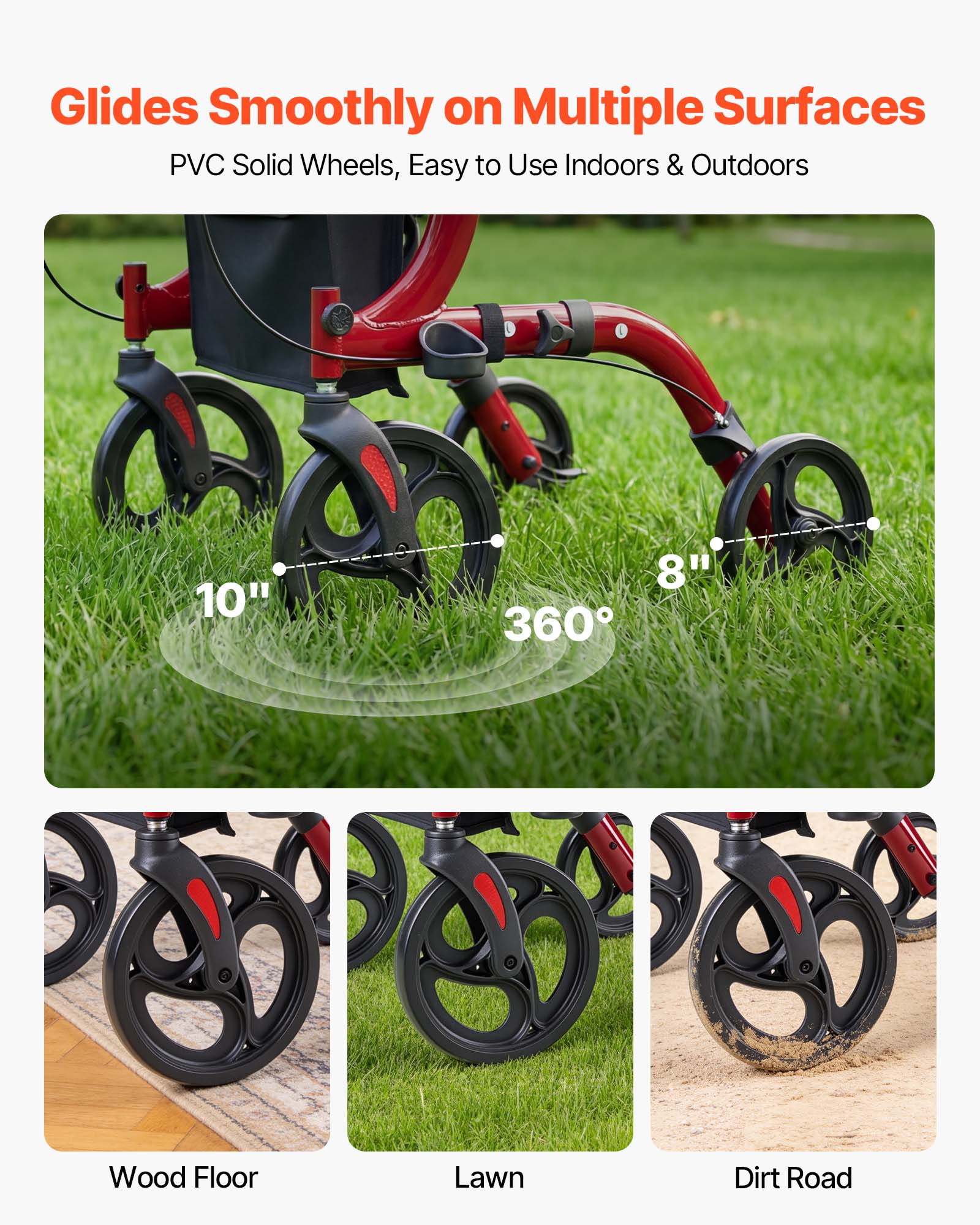 Glides Smoothly on Multiple Surfaces  
PVC Solid Wheels, Easy to Use Indoors & Outdoors  

10" 8" 360°  

Wood Floor  
Lawn  
Dirt Road