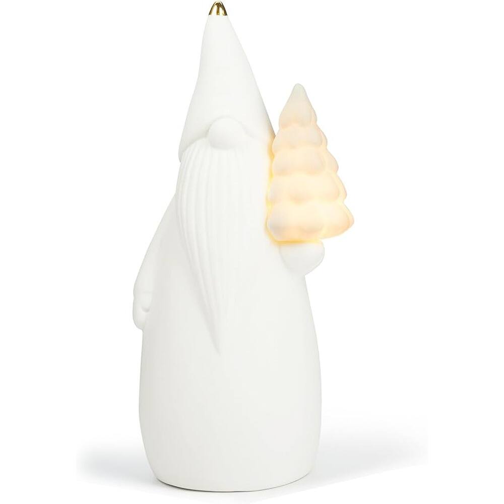 Front. Schertz - Christmas Gnome Figurine with LED Tree – White Ceramic 7.5" Lighted Holiday Decor & Gift - white.