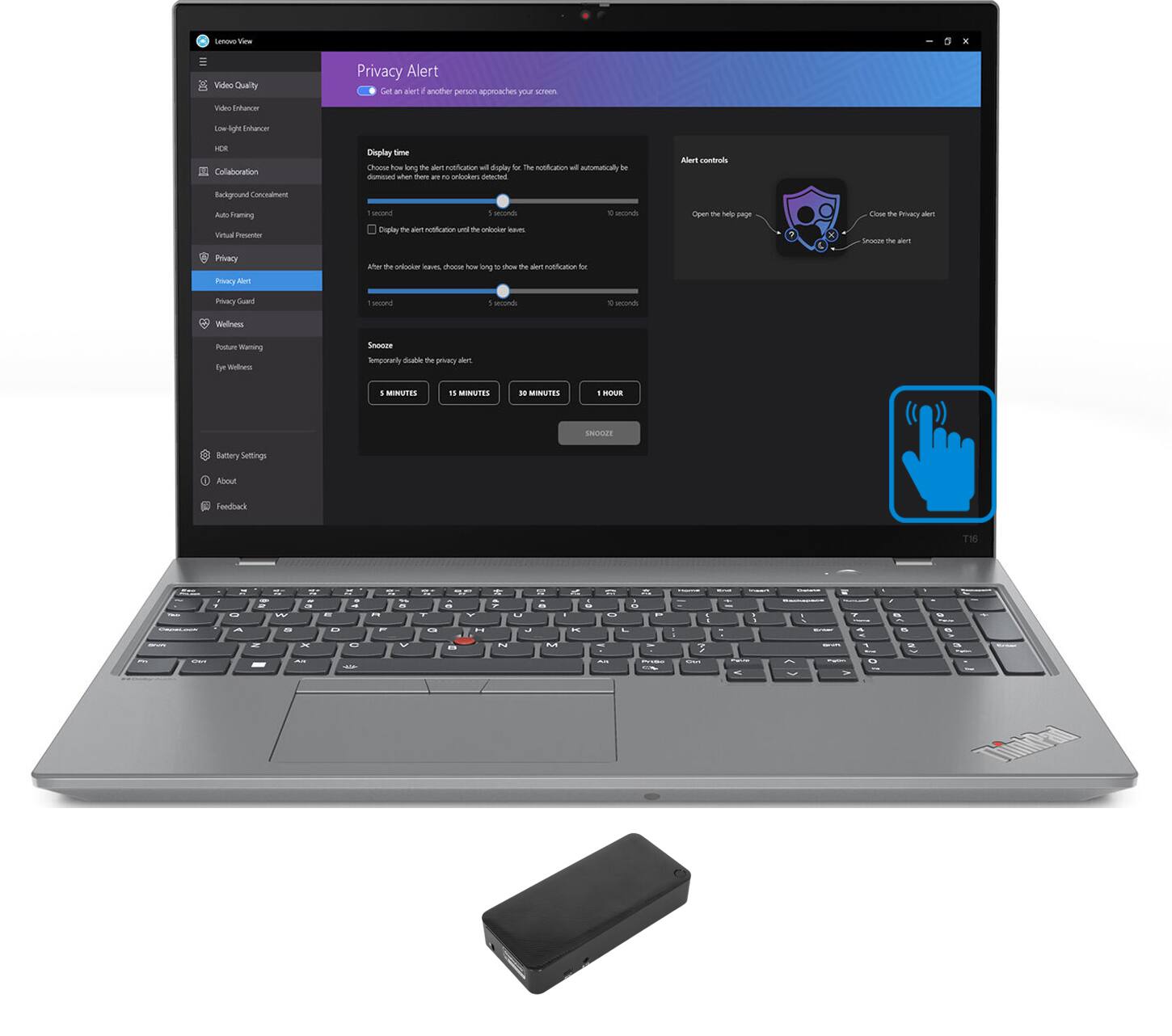 Sure, here is the corrected and grouped text from the image:

---

**Privacy Alert**

- **Alert controls:**
  - Open help page
  - Close the Privacy alert
  - Snooze the alert

- **Display Time:**
  - Choose how long an alert notification will display. The notification will automatically close after the selected time.
  - 1 second
  - 3 seconds
  - 5 seconds
  - 10 seconds
  - 15 seconds
  - 1 minute
  - 1 hour

- **After the alert notification leaves, choose how long to show the alert notification:**
  - 1 second
  - 3 seconds
  - 5 seconds
  - 15 seconds
  - 1 minute
  - 1 hour

- **Snooze:**
  - Temporarily disable the privacy alert.
  - 5 MINUTES
  - 15 MINUTES
  - 30 MINUTES

---

**Menu Options:**

- Video Quality
- Video Enhance
- Low Light Enhancer
- Collaboration
  - Background Collaboration
  - Audio Training
- Virtual Presenter
- Privacy
  - Privacy Alert
 