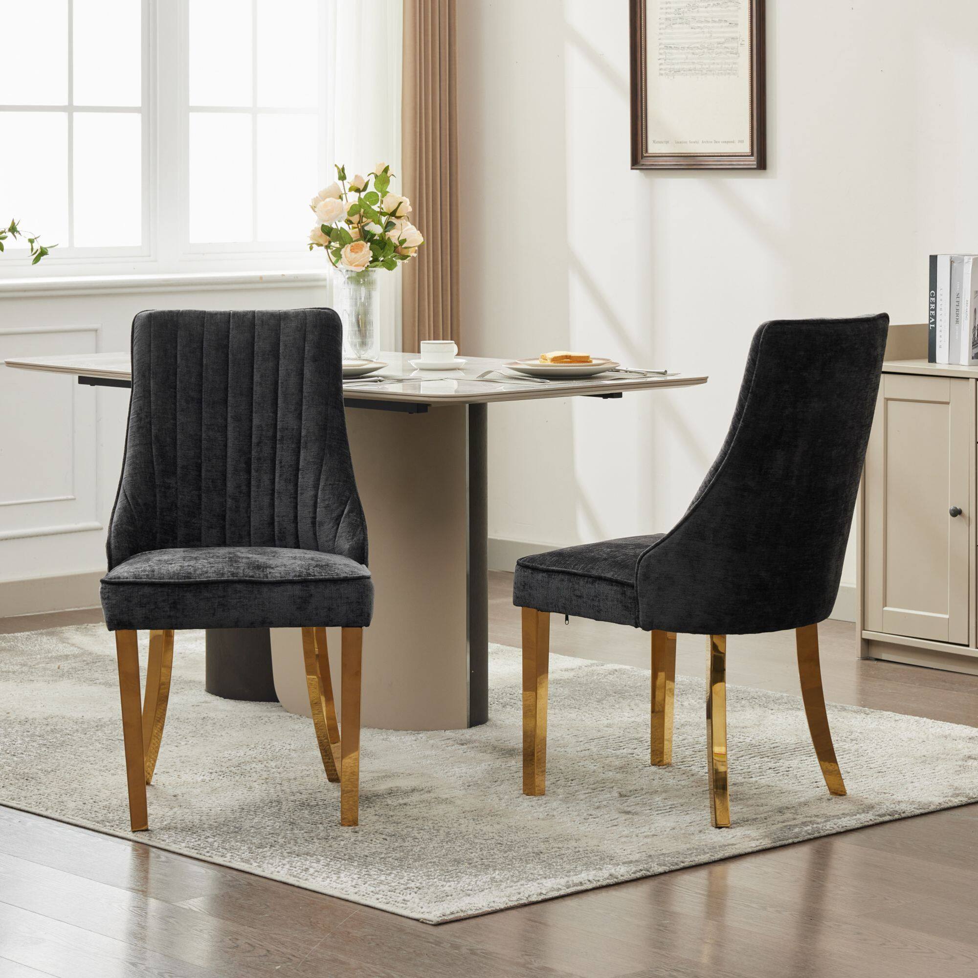 Alt View 10. GOODSILO - Luxury Chenille Fabric Upholstered Dining Chairs with Golden Stainless Steel Legs, Set of 2 - Black.