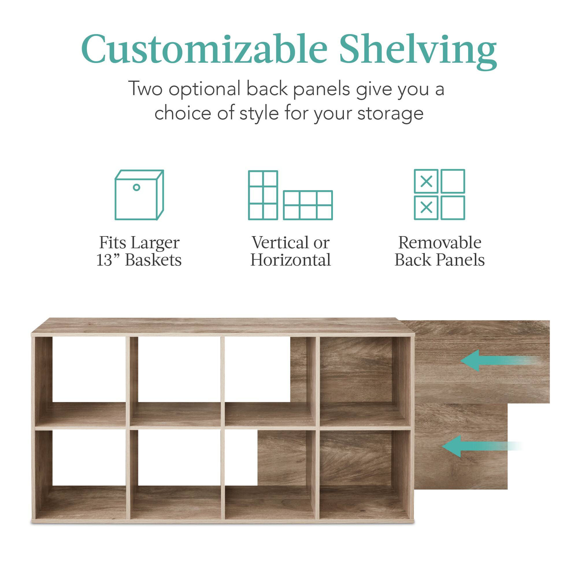 Customizable Shelving

Two optional back panels give you a choice of style for your storage.

- Fits Larger 13" Baskets
- Vertical or Horizontal
- Removable Back Panels