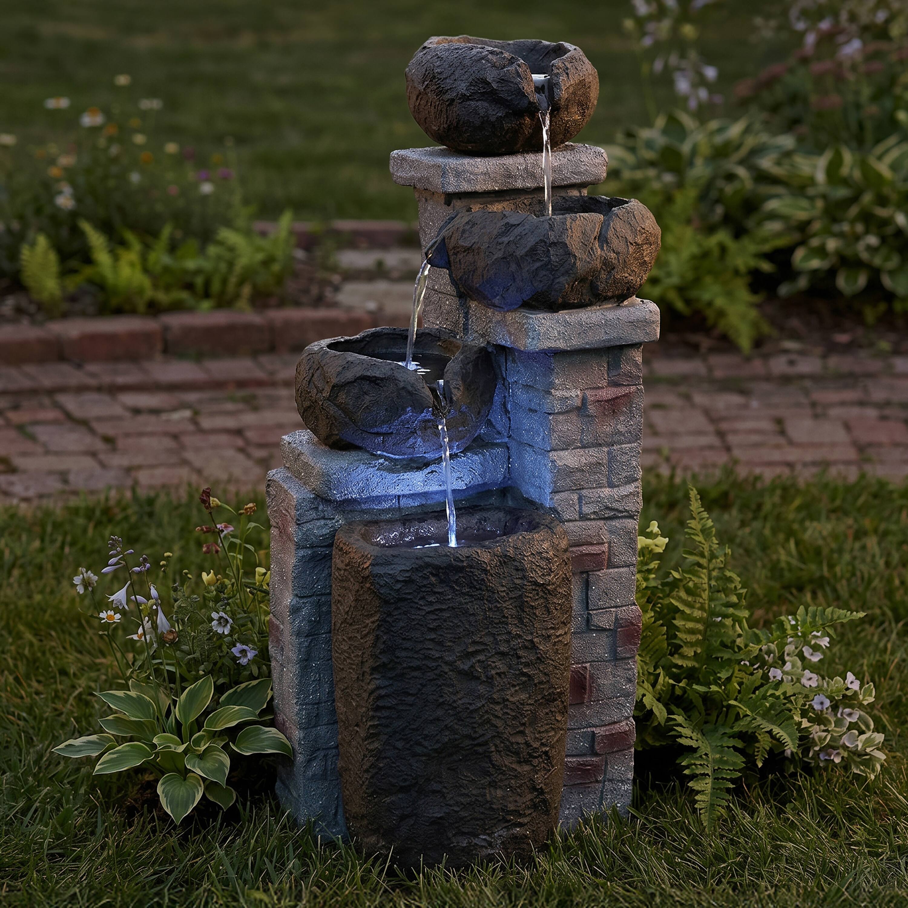 Alt View 7. Sunnydaze - Cascading Stone Bowl Solar Water Fountain with LED Lights - 27 in - Brown.