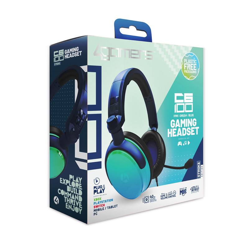 CE GAMING HEADSET  
100  
STRIKE EDITION  

PLAY EXPLORE BUILD COMMAND THRIVE ENJOY  

PLUG & PLAY  
COMPATIBLE WITH  
XBOX ONE  
PLAYSTATION  
SWITCH  
MOBILE / TABLET  
PC  

40MM SPEAKERS  
VOLUME CONTROL  
MIC  

PLASTIC FREE PACKAGING  

CE 100  
GAMING HEADSET  
GREEN / BLUE  
CASSETTE 01-02  

40MM SPEAKERS  
VOLUME CONTROL  
MIC  

PLAY EXPLORE BUILD COMMAND THRIVE ENJOY  

PLUG & PLAY  
COMPATIBLE WITH  
XBOX ONE  
PLAYSTATION  
SWITCH  
MOBILE / TABLET  
PC  

PLASTIC FREE PACKAGING  

CE GAMING HEADSET  
100  
STRIKE EDITION  

PLAY EXPLORE BUILD COMMAND THRIVE ENJOY  

PLUG & PLAY  
COMPATIBLE WITH  
XBOX ONE  
PLAYSTATION  
SWITCH  
MOBILE / TABLET  
PC  

40MM SPEAKERS  
VOLUME CONTROL  
MIC  

PLASTIC FREE PACKAGING  

CE GAMING HEADSET  
100  
STRIKE EDITION