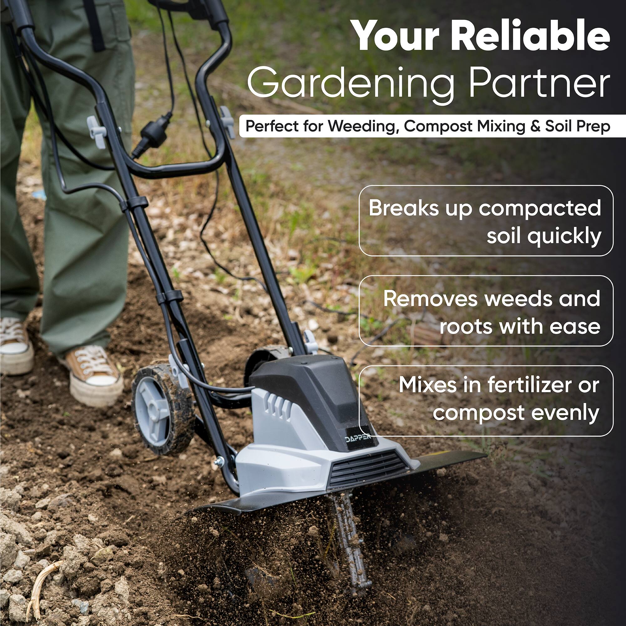 Your Reliable Gardening Partner  
Perfect for Weeding, Compost Mixing & Soil Prep  
Breaks up compacted soil quickly  
Removes weeds and roots with ease  
Mixes in fertilizer or compost evenly