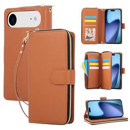 Dteck - Crossbody Wallet Case for Apple iPhone Air, Shockproof Zipper Pocket PU Leather Folio Cover with 9 Card Slots - Brown