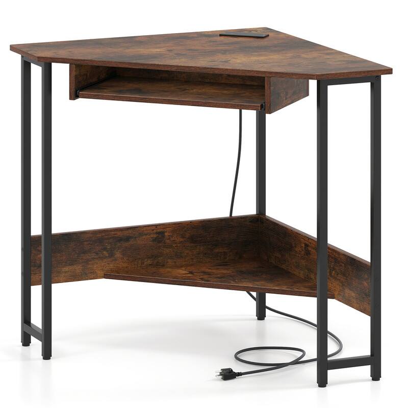 Alt View 5. WELLFOR - Triangle Computer Desk with Charging Station & Keyboard Tray, Corner Desk, Writing desk for Small Spaces - Rustic Brown.