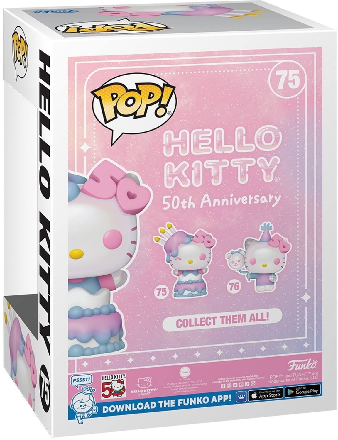 Sure, here is the corrected and grouped text from the image:

---

**POP!**

**HELLO KITTY**

**50th Anniversary**

**75**

**COLLECT THEM ALL!**

**76**

**PSSST!**

**5**

**DOWNLOAD THE FUNKO APP!**

**Funko**

**POP!™ and FUNKO™ are trademarks of Funko, LLC**

**© 2024 SANRIO CO., LTD.**

**Download on the App Store**

**Google Play**

**Follow Hello Kitty and Funko on Facebook, Instagram, and YouTube**

---

This text is organized to reflect the layout and content of the packaging.