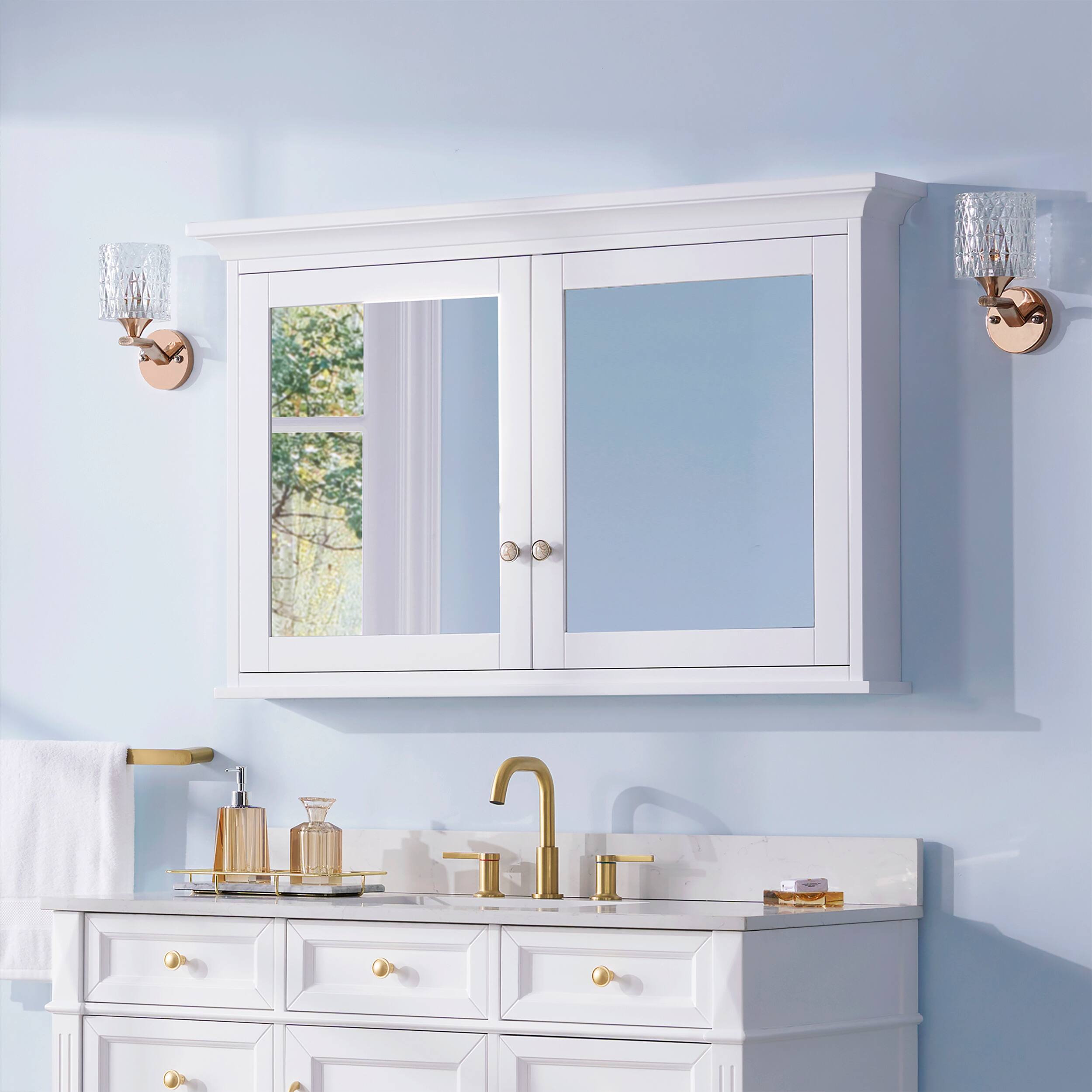Alt View 6. WELLFOR - 48 in. W x 30 in. H Rectangular Solid Wood Medicine Cabinet with Mirror with Double Door - White.