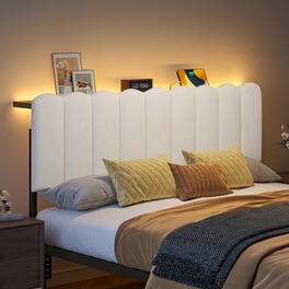 Pinmoco - Metal Upholstered Headboard Height Adjustable Headboard with LED Light, Charging Station - Off-White