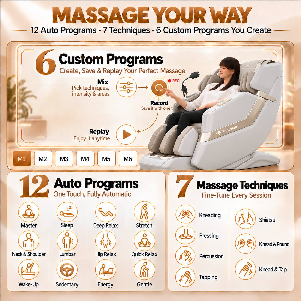 MASSAGE YOUR WAY  
12 Auto Programs • 7 Techniques • 6 Custom Programs You Create

6 Custom Programs  
Create, Save & Replay Your Perfect Massage  
Mix  
Pick techniques, intensity & areas  
Record Save it with one t  
Replay  
Enjoy it anytime

12 Auto Programs  
One Touch, Fully Automatic  
Master  
Sleep  
Deep Relax  
Stretch  
Neck & Shoulder  
Lumbar  
Hip Relax  
Quick Relax  
Wake-Up  
Sedentary  
Energy  
Gentle

7 Massage Techniques  
Fine-Tune Every Session  
Kneading  
Pressing  
Percussion  
Tapping  
Shiatsu  
Knead & Pound  
Knead & Tap